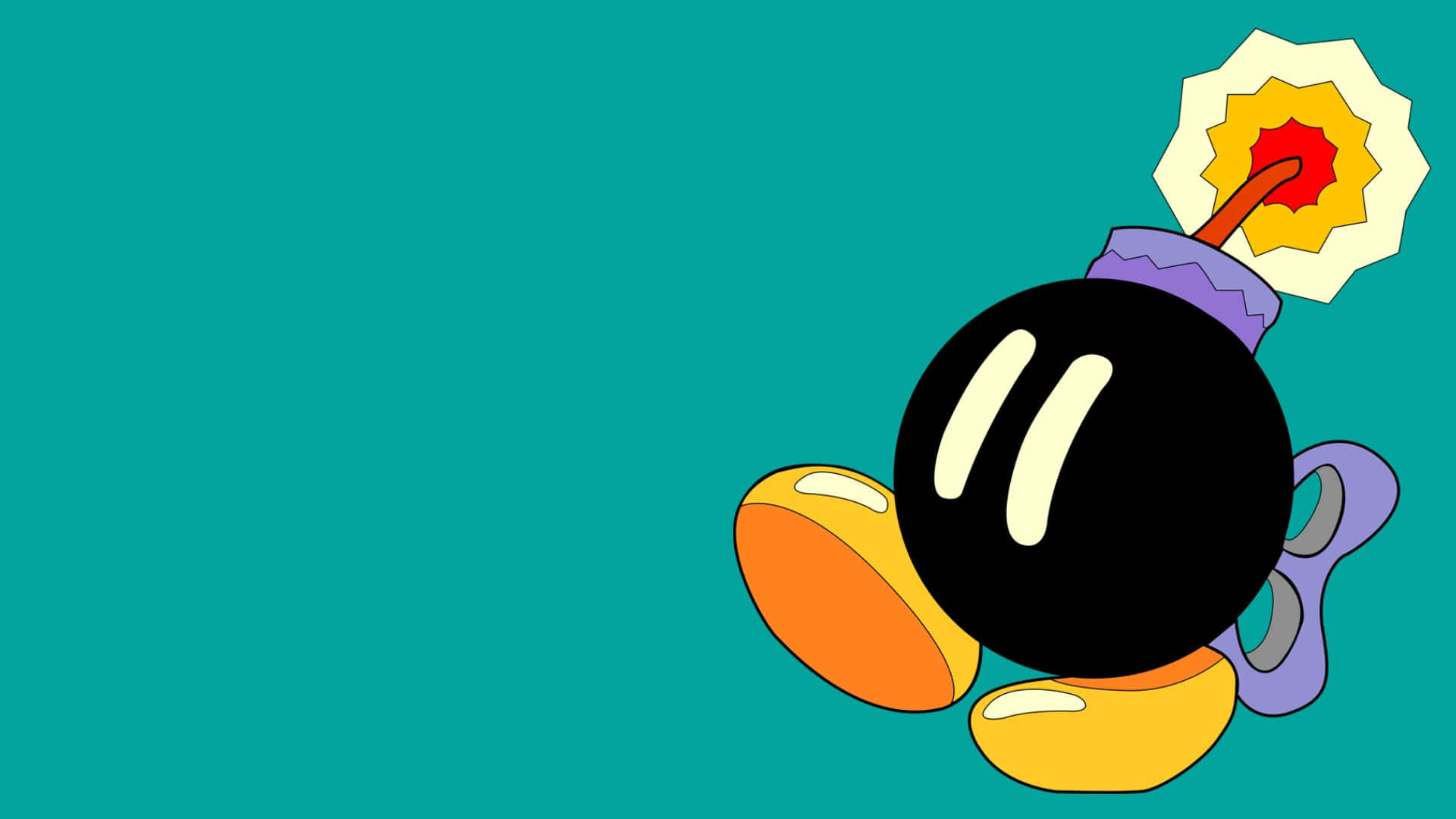 Bob-omb 桌布 壁紙 — 一個卡通炸彈，帶有燃燒的引信和黃色的腳，放置在青綠色的背景上。