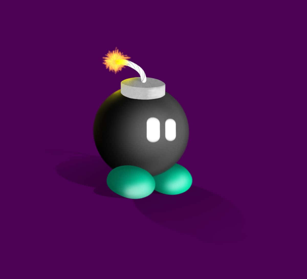 Bob-omb 桌布 壁紙 — 一個卡通炸彈，有著發光的眼睛和綠色的腳，站在紫色背景前，引信已點燃。