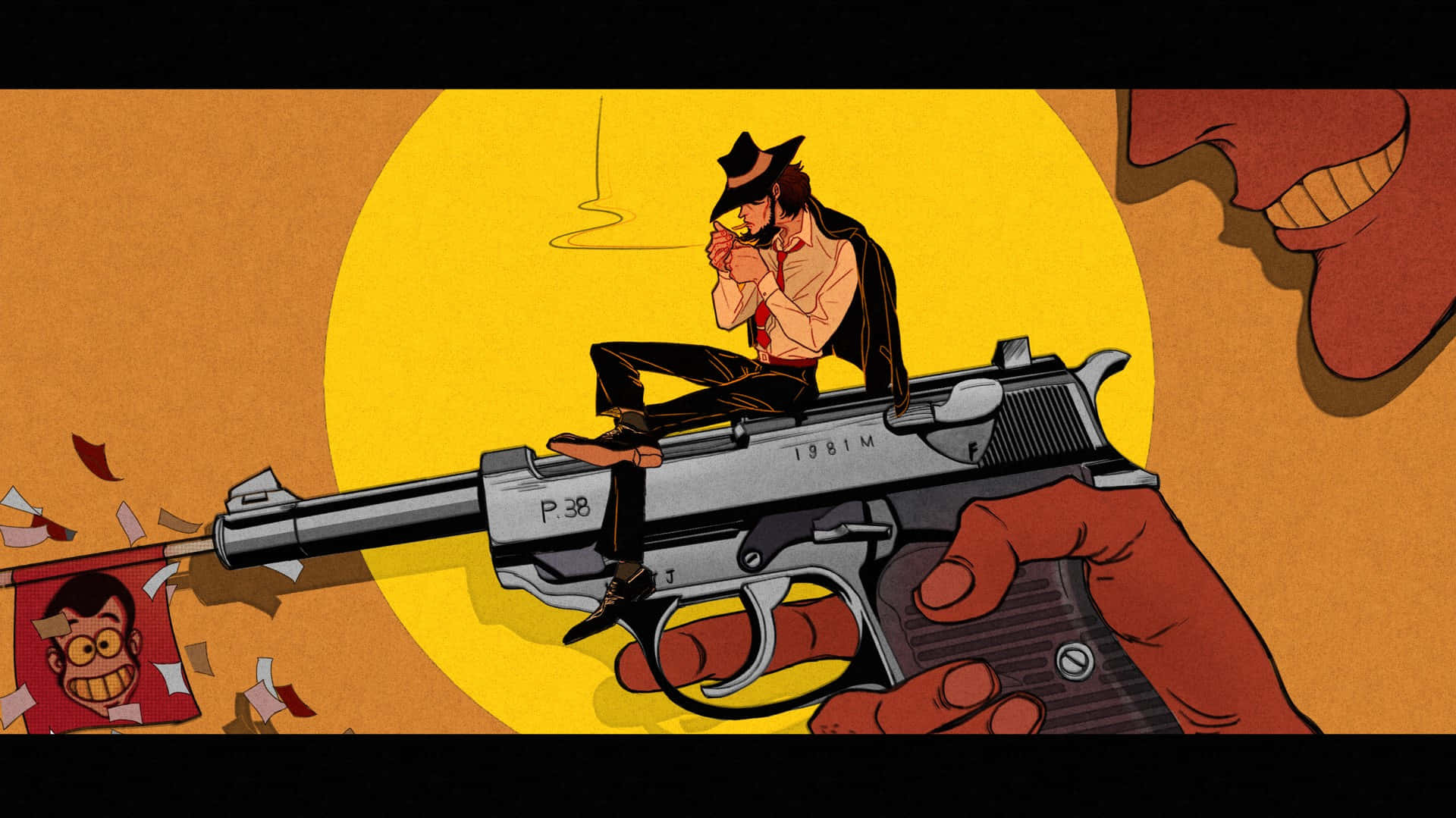Lupin Iii Daisuke Jigen 桌布 壁紙 — 一個卡通牛仔坐在一隻手拿著嘅巨型手槍上面，背景係一個黃色太陽同一個咧嘴笑嘅面孔。