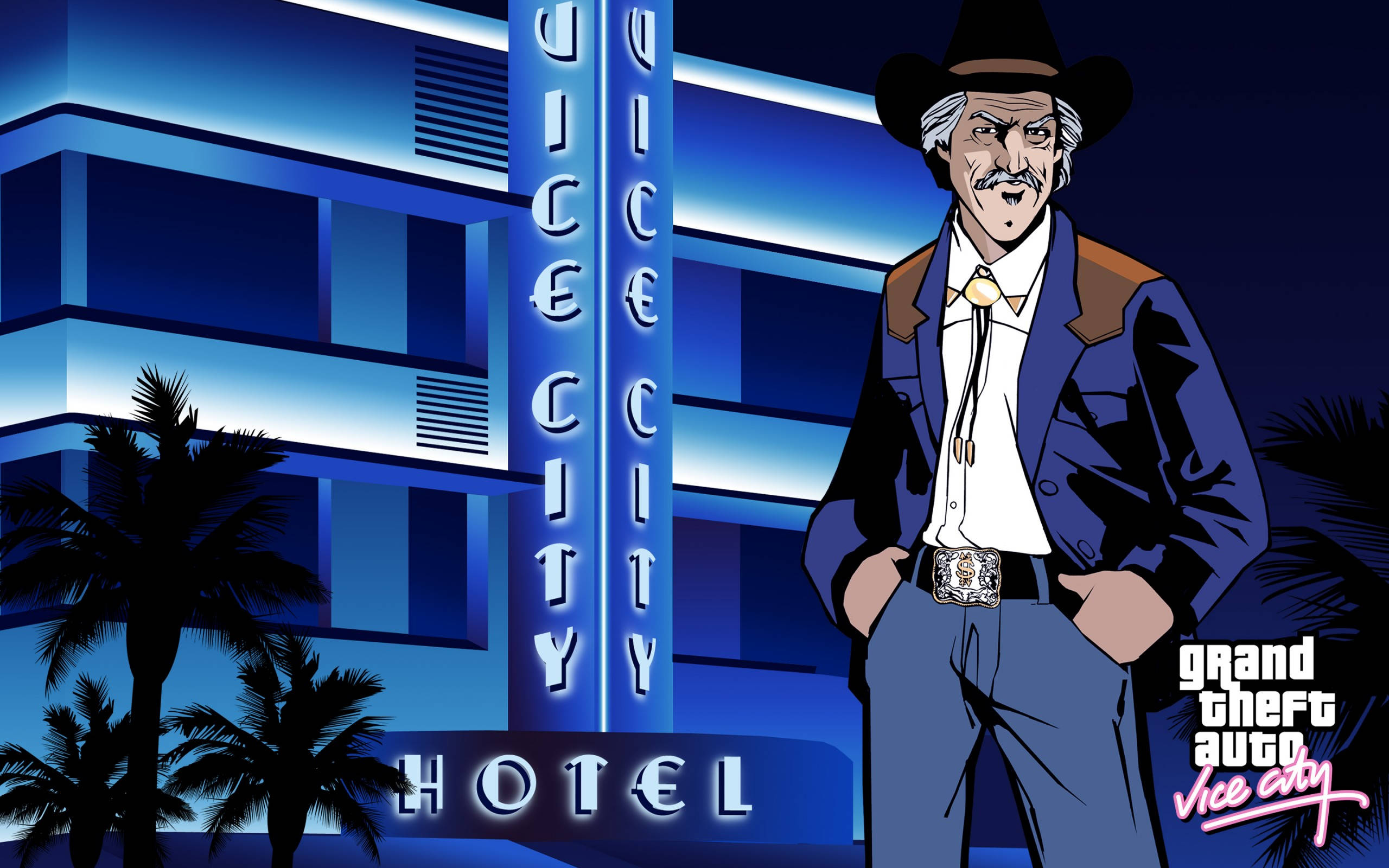 遊戲 桌布 壁紙 — 一個卡通牛仔自信地站在霓虹燈閃爍的Vice City酒店前，夜晚棕櫚樹在深藍色天空下形成剪影。