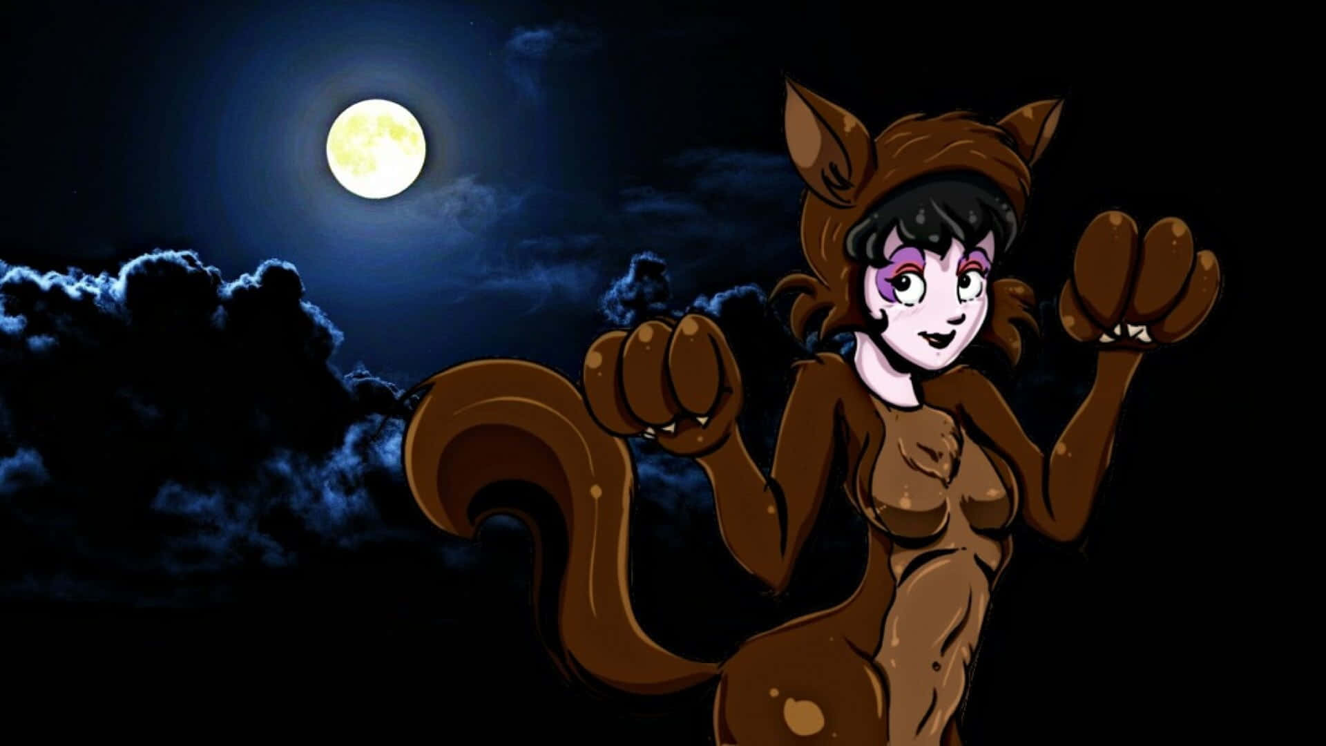 Werewolf Costumes 桌布 壁紙 — 一個卡通狐狸女孩，紫色眼睛，毛茸茸的尾巴，站在滿月下，背景是烏雲。