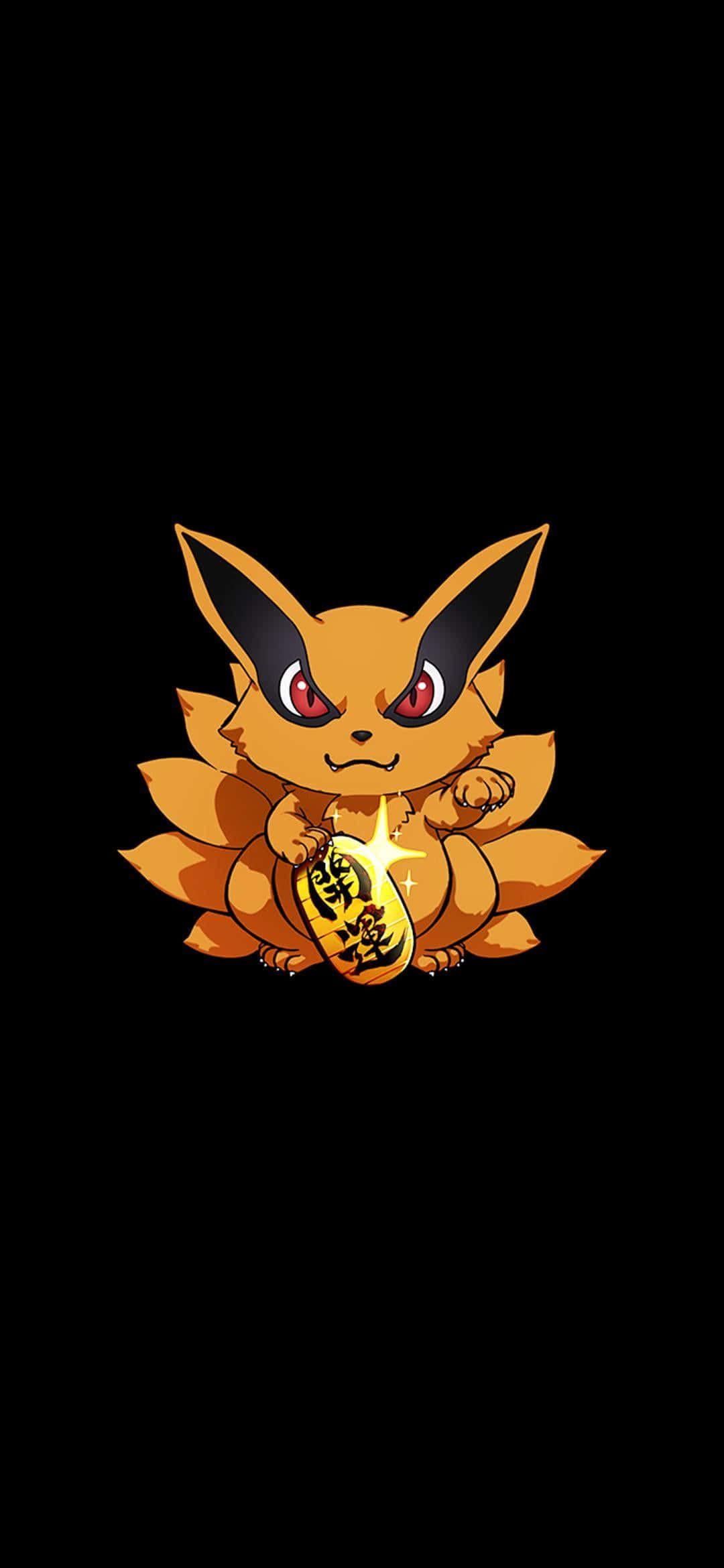 Baby Kurama 桌布 壁紙 — 一個卡通狐狸般的生物，有九條橙色尾巴，在黑色背景前拿著一枚發光的金幣。