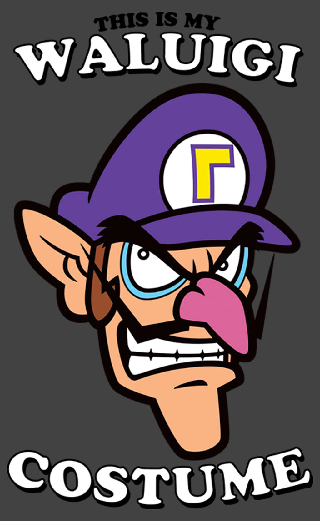 Waluigi 桌布 壁紙 — 一個卡通瓦路易吉，表情憤怒，戴著一頂紫色帽子，上面有一個黃色G，背景是深灰色。