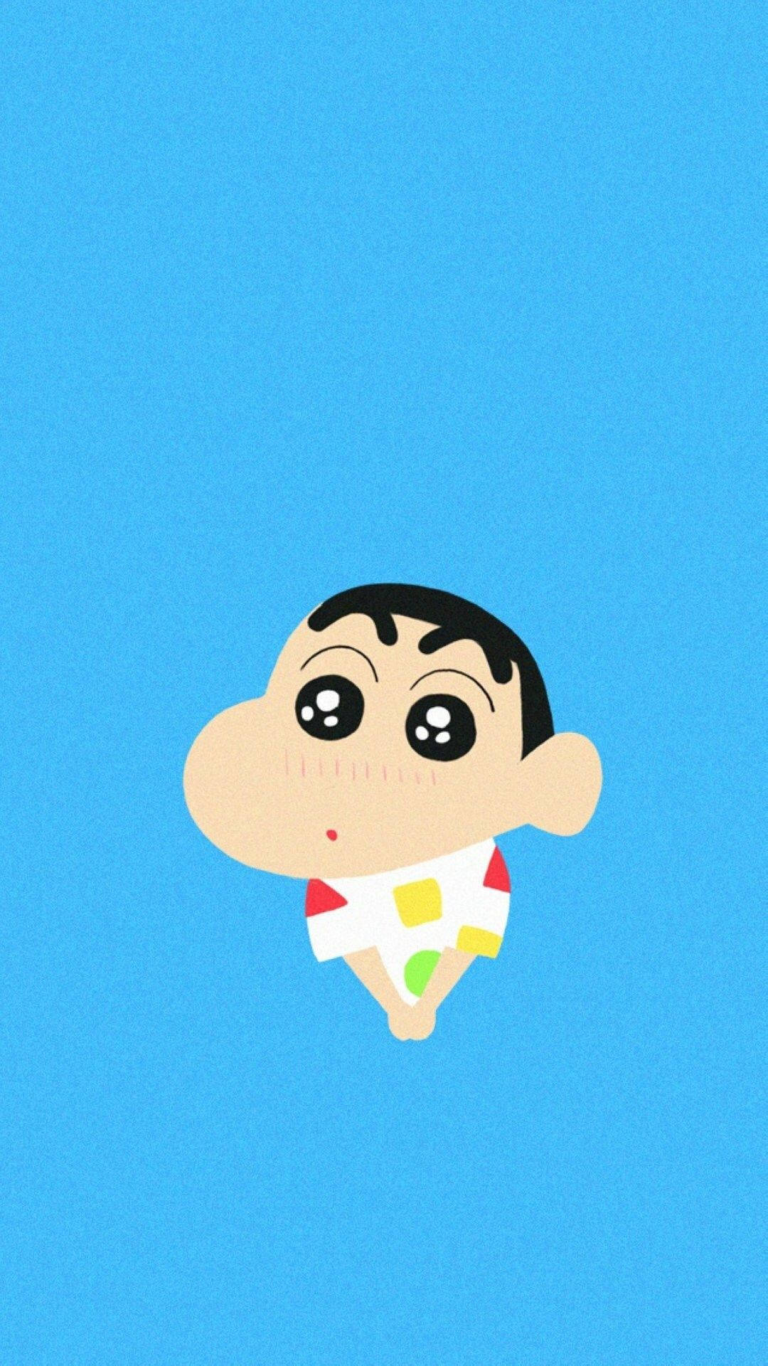 shinchan 桌布 壁紙 — 一個卡通男孩，大眼睛，穿著彩色襯衫，漂浮在純藍色背景上。