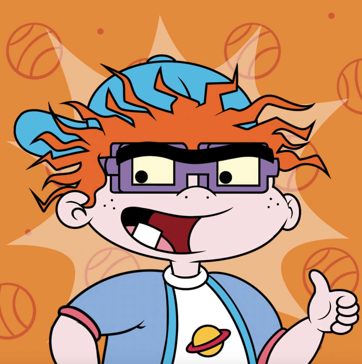 rugrats 桌布 壁紙 — 一個卡通男孩，有著尖刺的橙色頭髮和紫色眼鏡，在橙色背景上豎起大拇指，背景上有籃球。