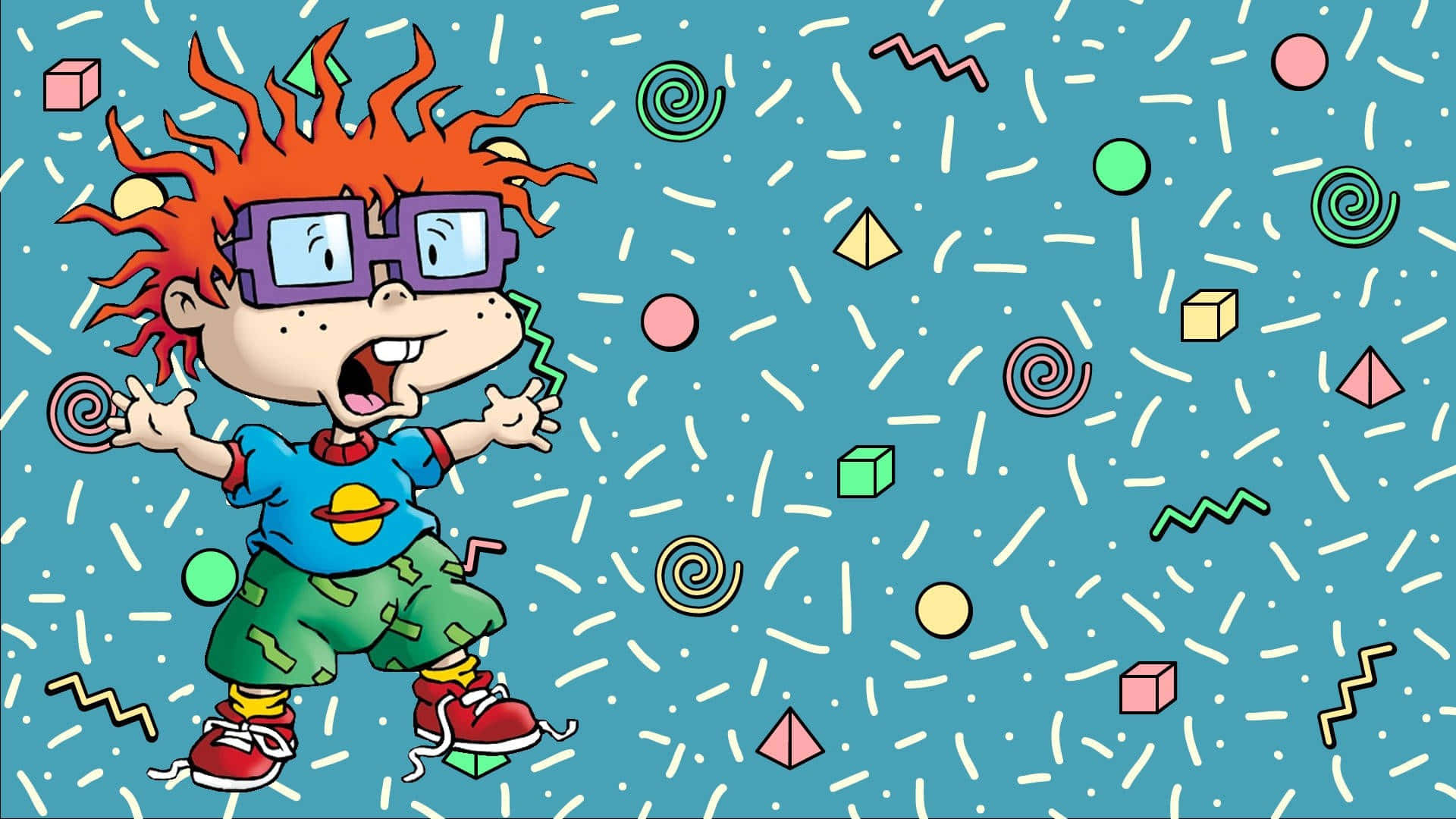 rugrats 桌布 壁紙 — 一個卡通男孩，有著狂野的紅髮和紫色眼鏡，在充滿幾何形狀和鋸齒紋的藍綠色背景前快樂地跳舞。