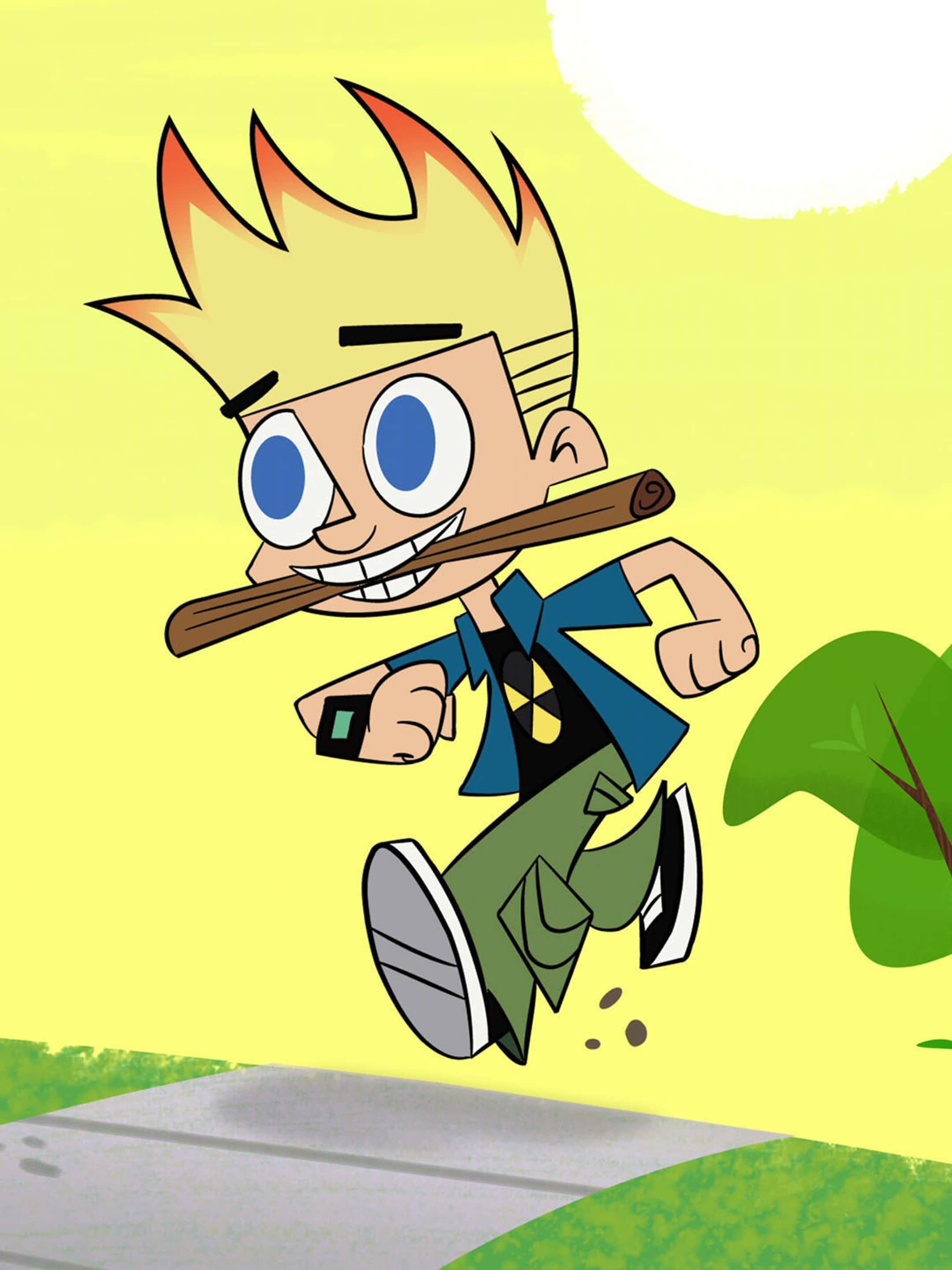 Johnny Test 桌布 壁紙 — 一個卡通男孩，金色刺蝟頭，藍色眼睛，嘴裡叼著一根棍子，快樂地沿著人行道奔跑。