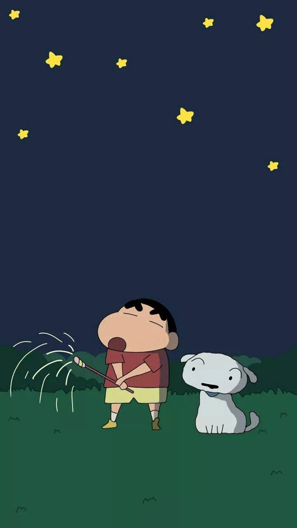 狗 桌布 壁紙 — 一個卡通男孩和他的狗在夜晚的草地上仰望閃爍的星星，同時他手持煙花棒。
