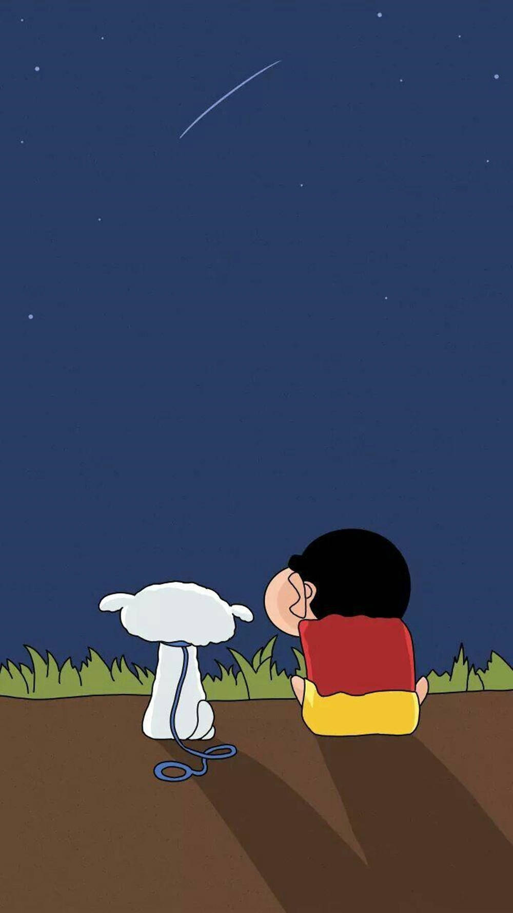 Friends 桌布 壁紙 — 一個卡通男孩和他的白狗並排坐在草地上，仰望繁星點點的夜空，一顆流星劃過天際。