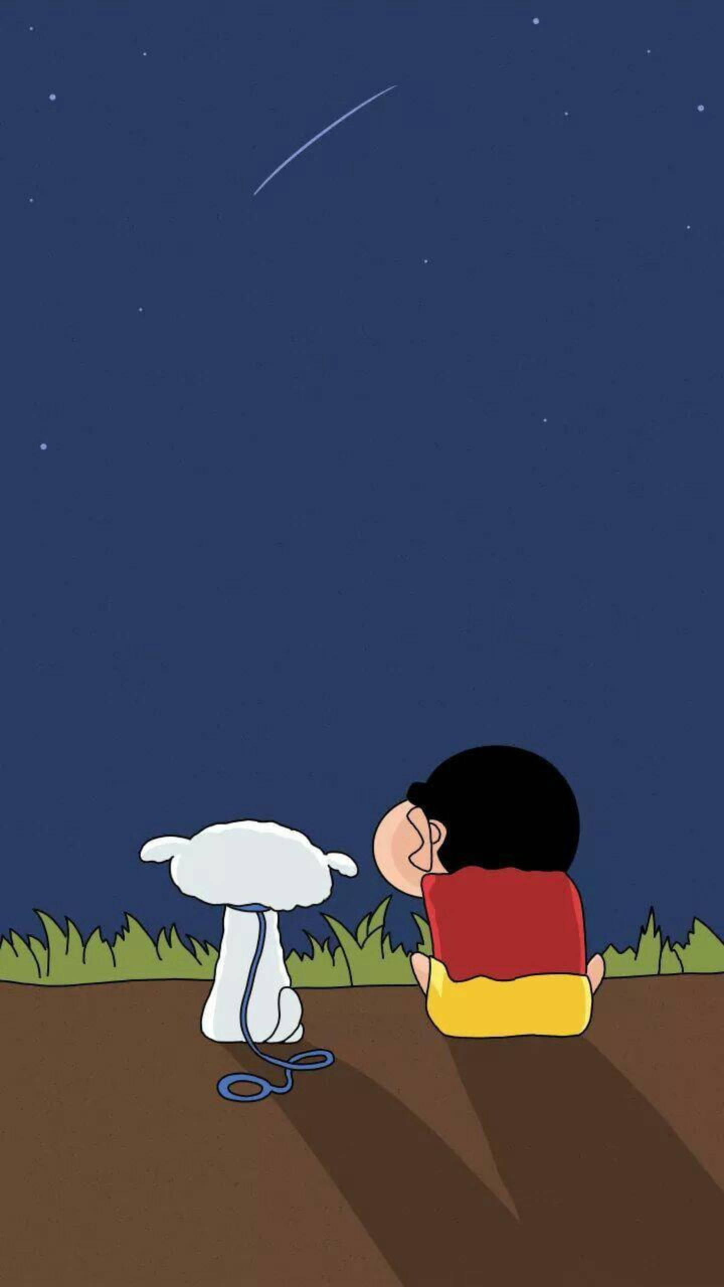 shinchan 桌布 壁紙 — 一個卡通男孩和他的白色狗並排坐在草地上，在星空下觀看流星。