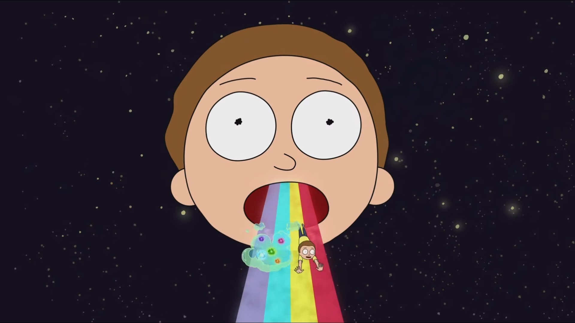 Morty Smith 桌布 壁紙 — 一個卡通男孩睜大眼睛，對著滿天星斗的夜空噴出一道彩虹，一個小角色緊緊抓住彩虹。