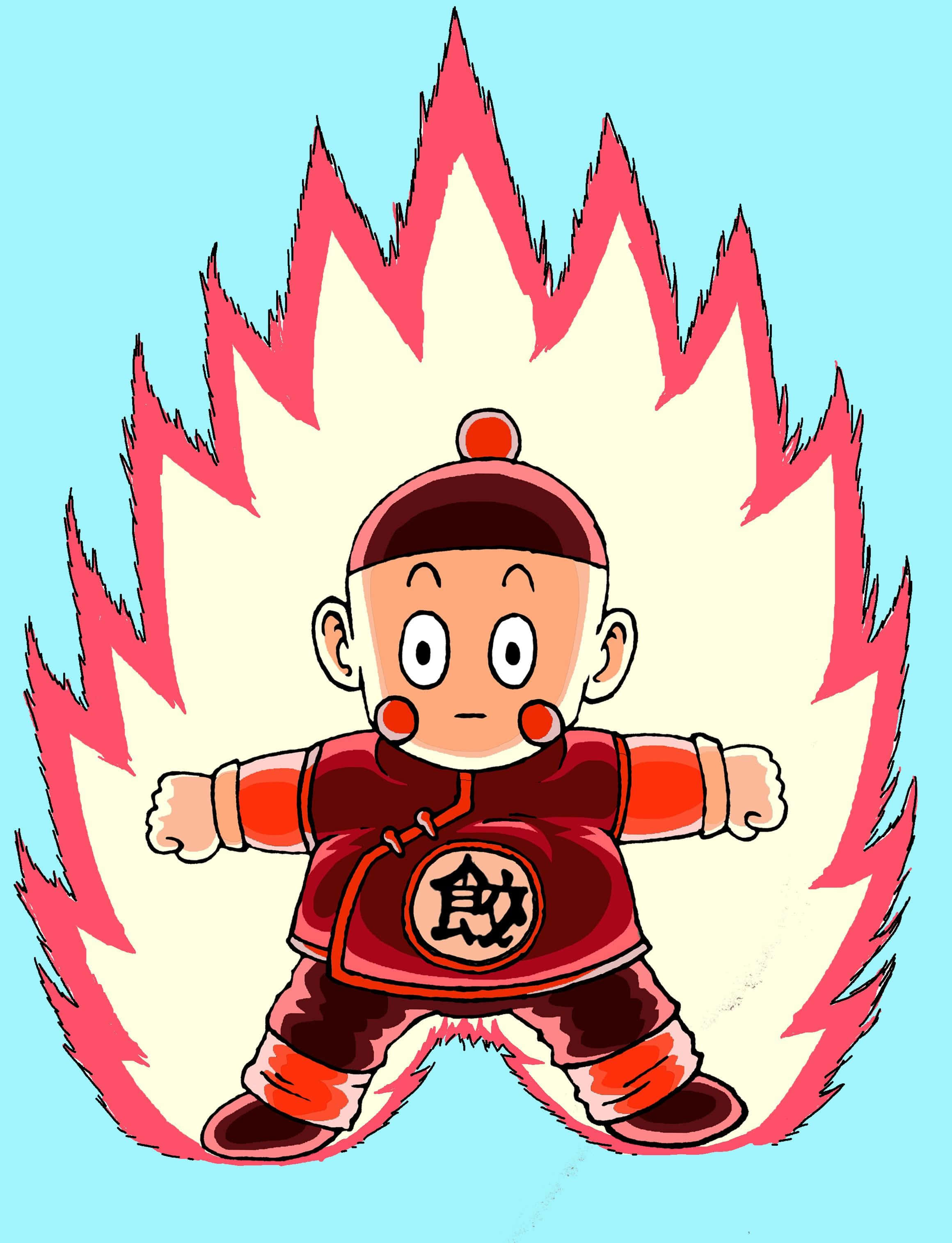 Chiaotzu 桌布 壁紙 — 一個卡通男孩穿著紅色武術道服，雙臂張開，被火焰光環包圍，背景是淺藍色。