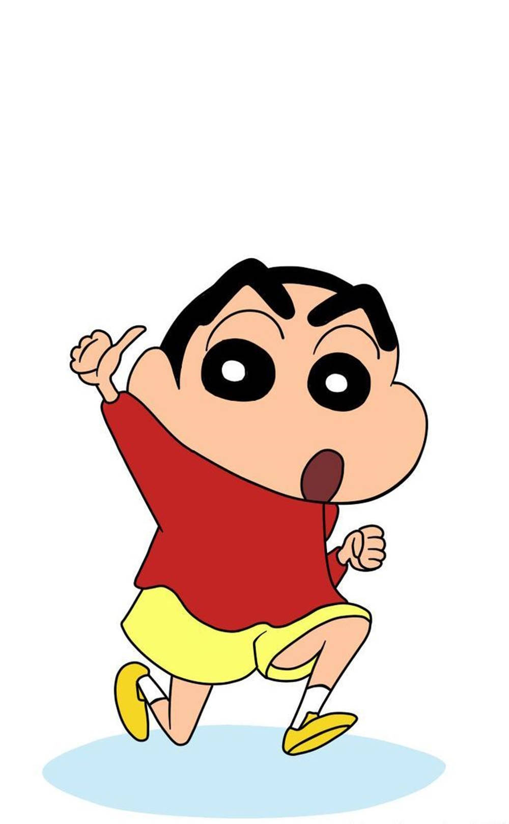 shin chan iPhone 桌布 壁紙 — 一個卡通男孩穿著紅色襯衫和黃色短褲，睜大眼睛、張開嘴巴在純白色背景上奔跑。