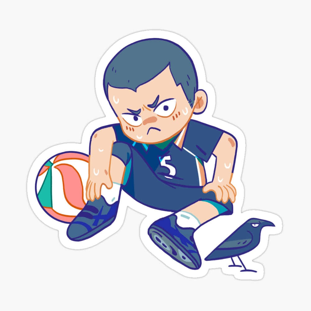 Tanaka Ryunosuke 桌布 壁紙 — 一個卡通男孩穿著藍色球衣，號碼5，疲憊地坐著，拿著一個色彩繽紛的沙灘球，旁邊有一隻烏鴉。