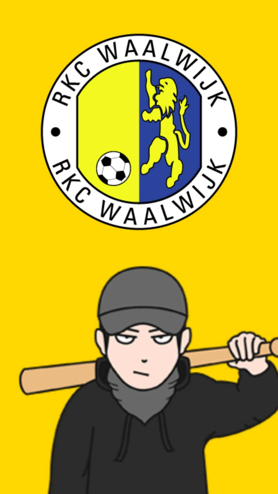 Rkc Waalwijk 桌布 壁紙 — 一個卡通男孩穿著黑色連帽衫和帽子，肩上扛著棒球棍，背景是明亮的黃色，上面有RKC Waalwijk足球會徽章。