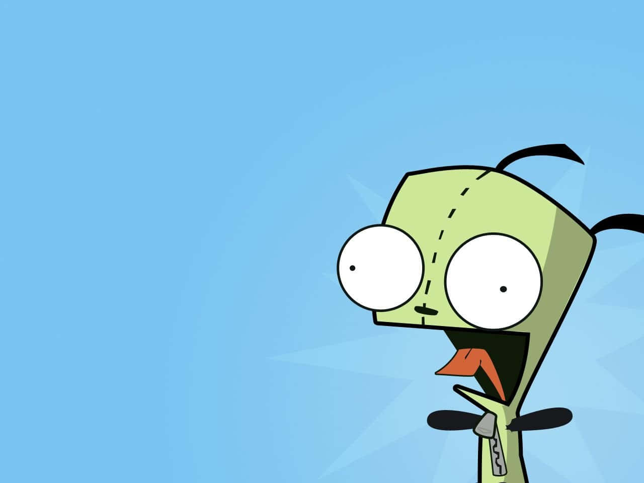 Invader Zim 桌布 壁紙 — 一個卡通綠色外星人，大眼睛，伸出舌頭，背景為純藍色。