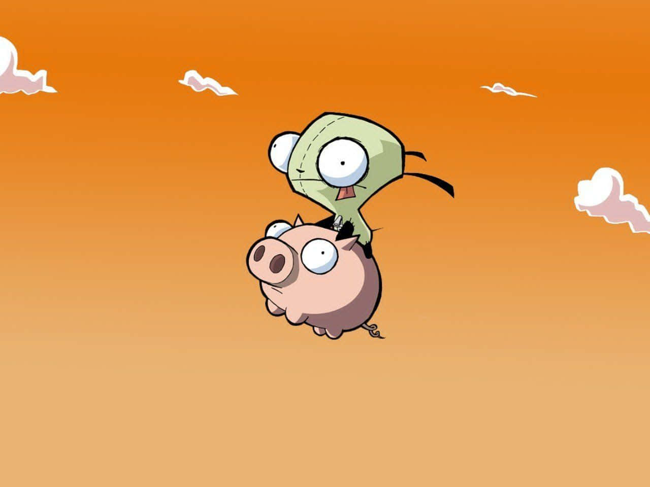 Invader Zim 桌布 壁紙 — 一個卡通綠色外星人，大眼睛，騎著粉紅豬，背景是橙色天空和蓬鬆雲朵。