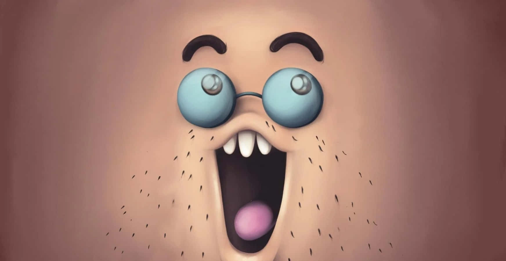 Funny Faces 桌布 壁紙 — 一個卡通臉孔，戴著圓形眼鏡，嘴巴張得大大的，在柔和的棕色背景上開懷大笑。