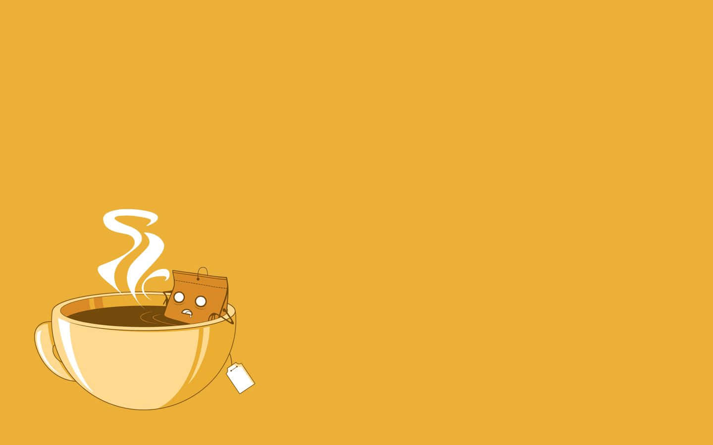 Minimalist Coffee 桌布 壁紙 — 一個卡通茶包，帶着驚訝的表情，漂浮在一個冒煙的茶杯中，背景是純芥末黃色。