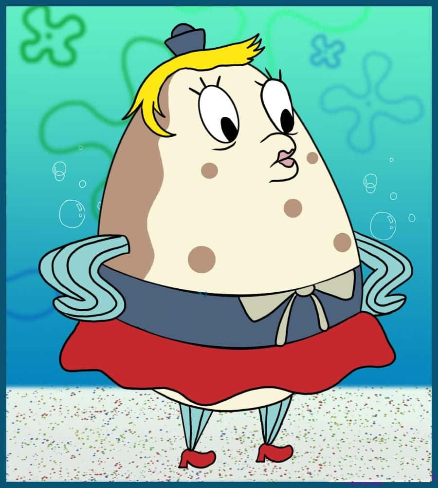 Mrs Puff 桌布 壁紙 — 一個卡通薯仔角色，金髮紅踭，站在沙質海底，背景有氣泡和海星輪廓。