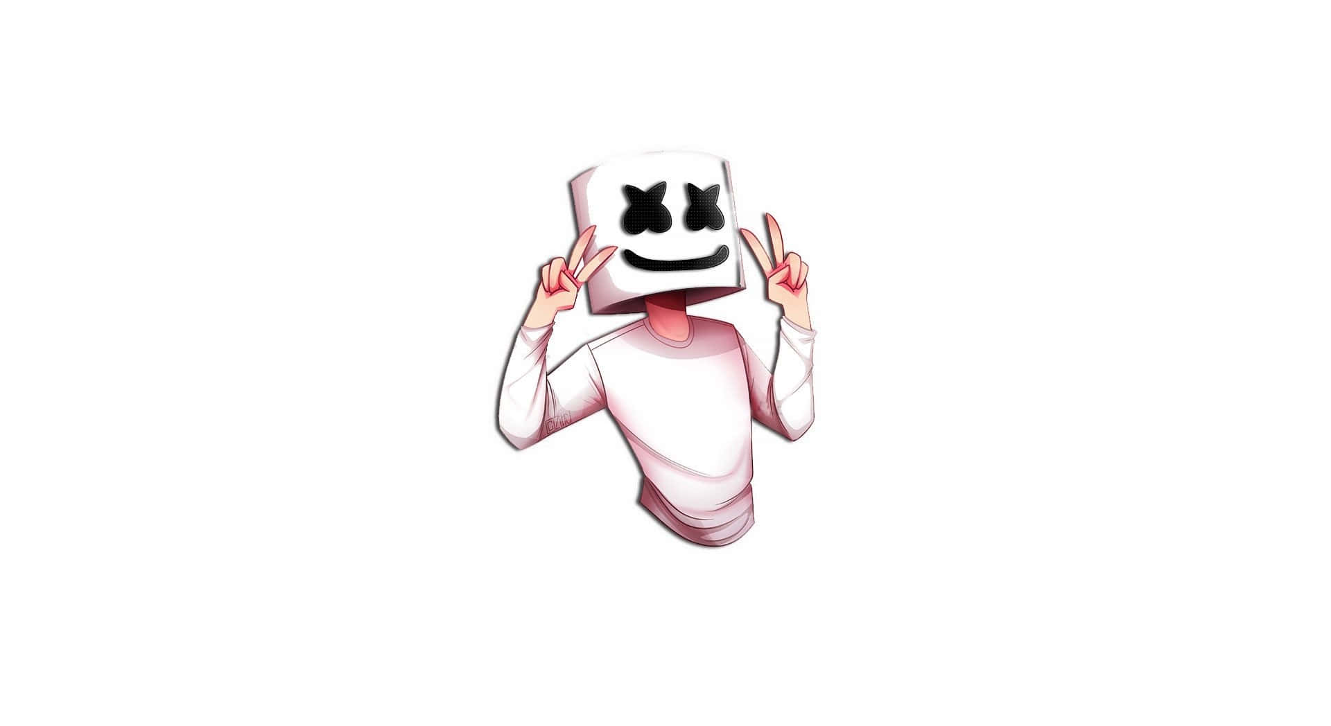Marshmello 桌布 壁紙 — 一個卡通角色，戴著白色棉花糖頭盔，黑色X眼睛，在純白色背景前做出和平手勢。