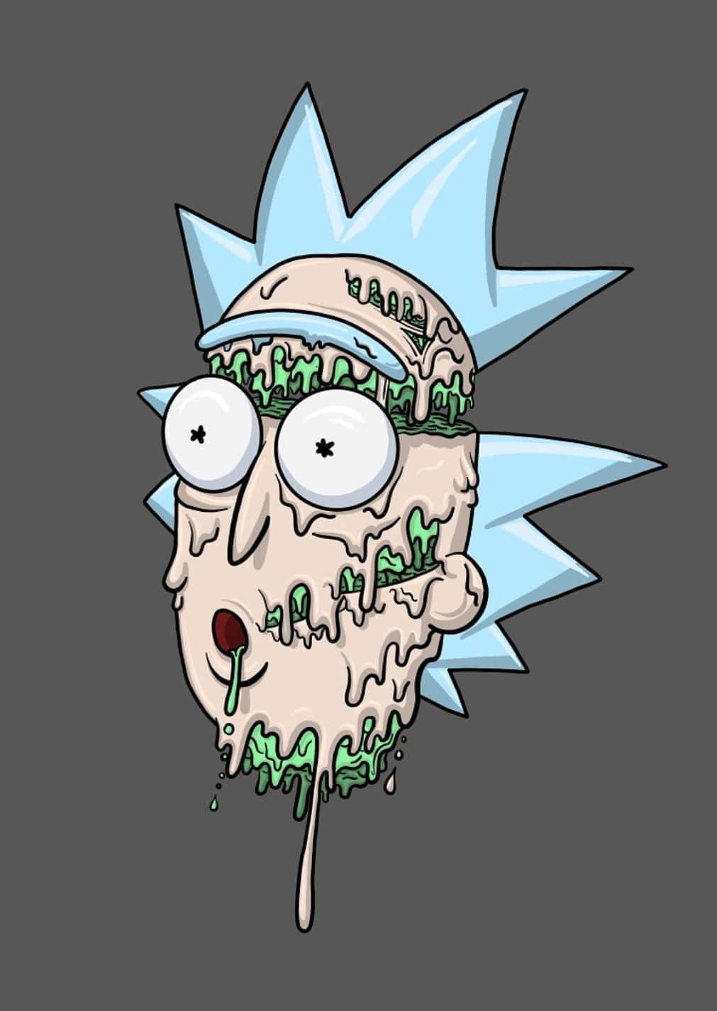 Total Rickall 桌布 壁紙 — 一個卡通角色，擁有尖刺的藍色頭髮，臉上滴落著融化的綠色黏液，背景為灰色。