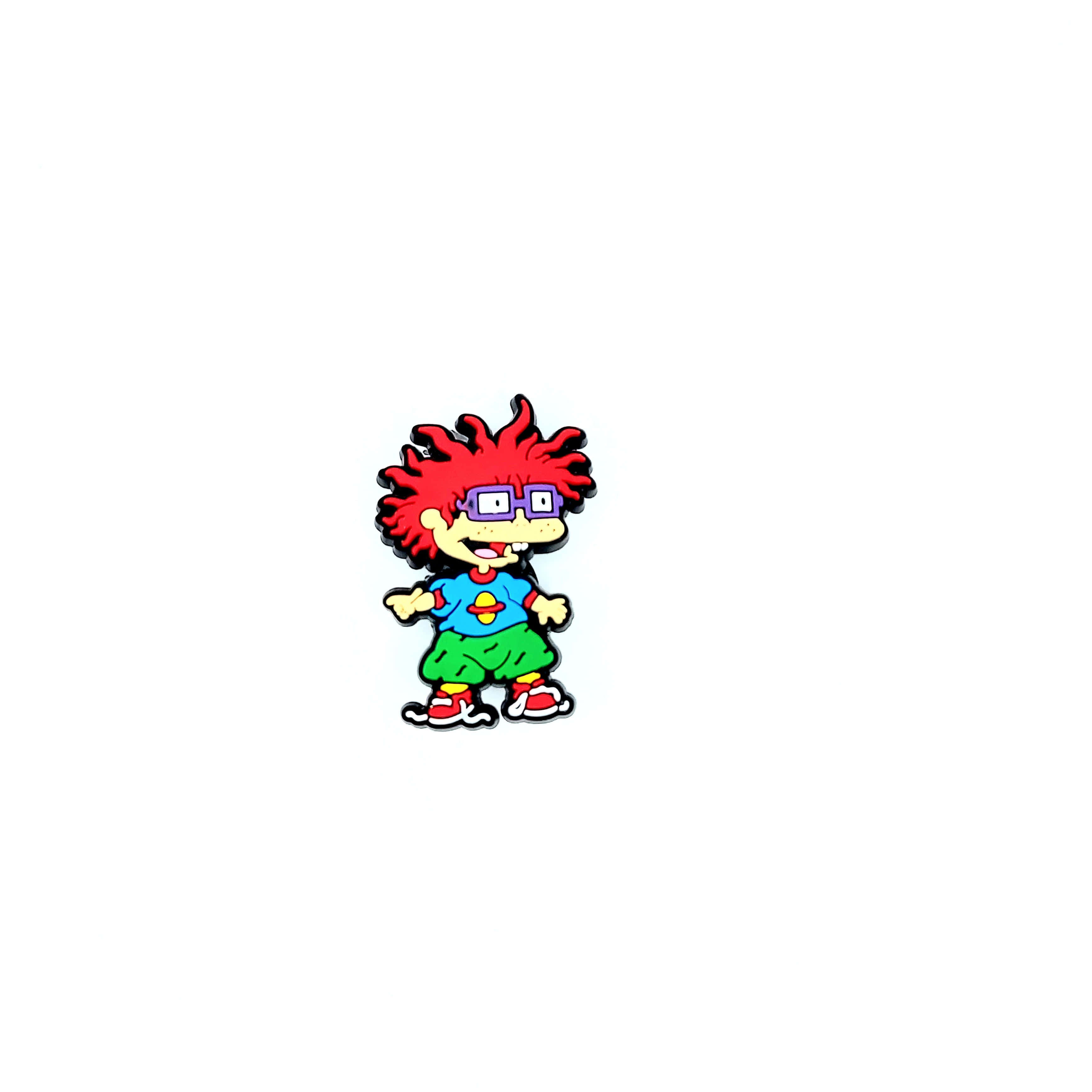 rugrats 桌布 壁紙 — 一個卡通角色，擁有狂野的紅髮、紫色眼鏡和藍色襯衫，站在純白色背景前。