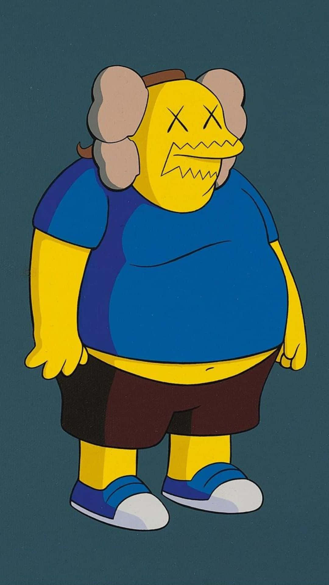 Kaws The Simpsons 桌布 壁紙 — 一個卡通角色，黃色臉龐，X形眼睛，鋸齒狀牙齒，穿著藍色襯衫和棕色短褲，背景為深藍綠色。