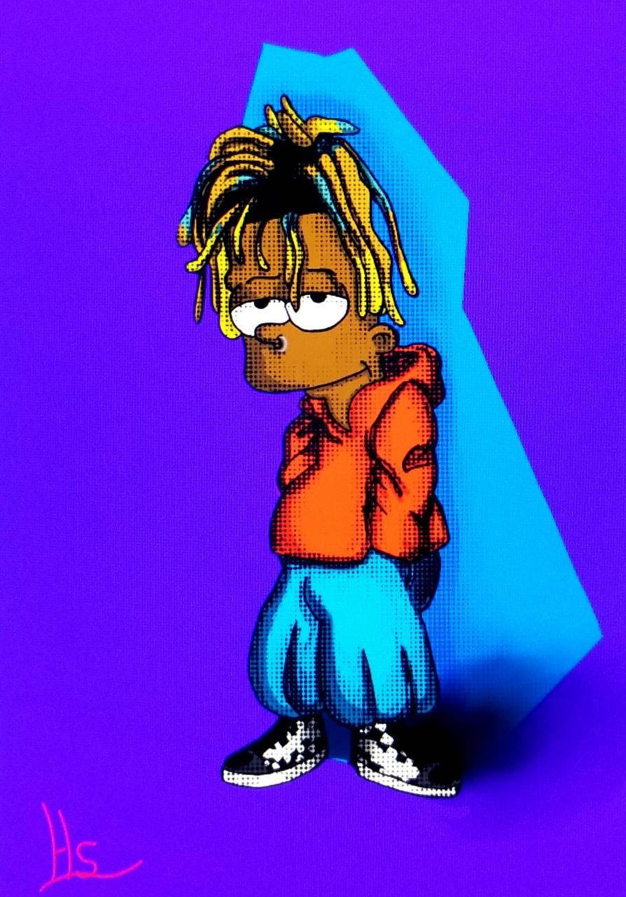 Juice WRLD 桌布 壁紙 — 一個卡通角色，黃色辮子，橙色連帽衫，站在帶有藍色幾何形狀的鮮豔紫色背景前。