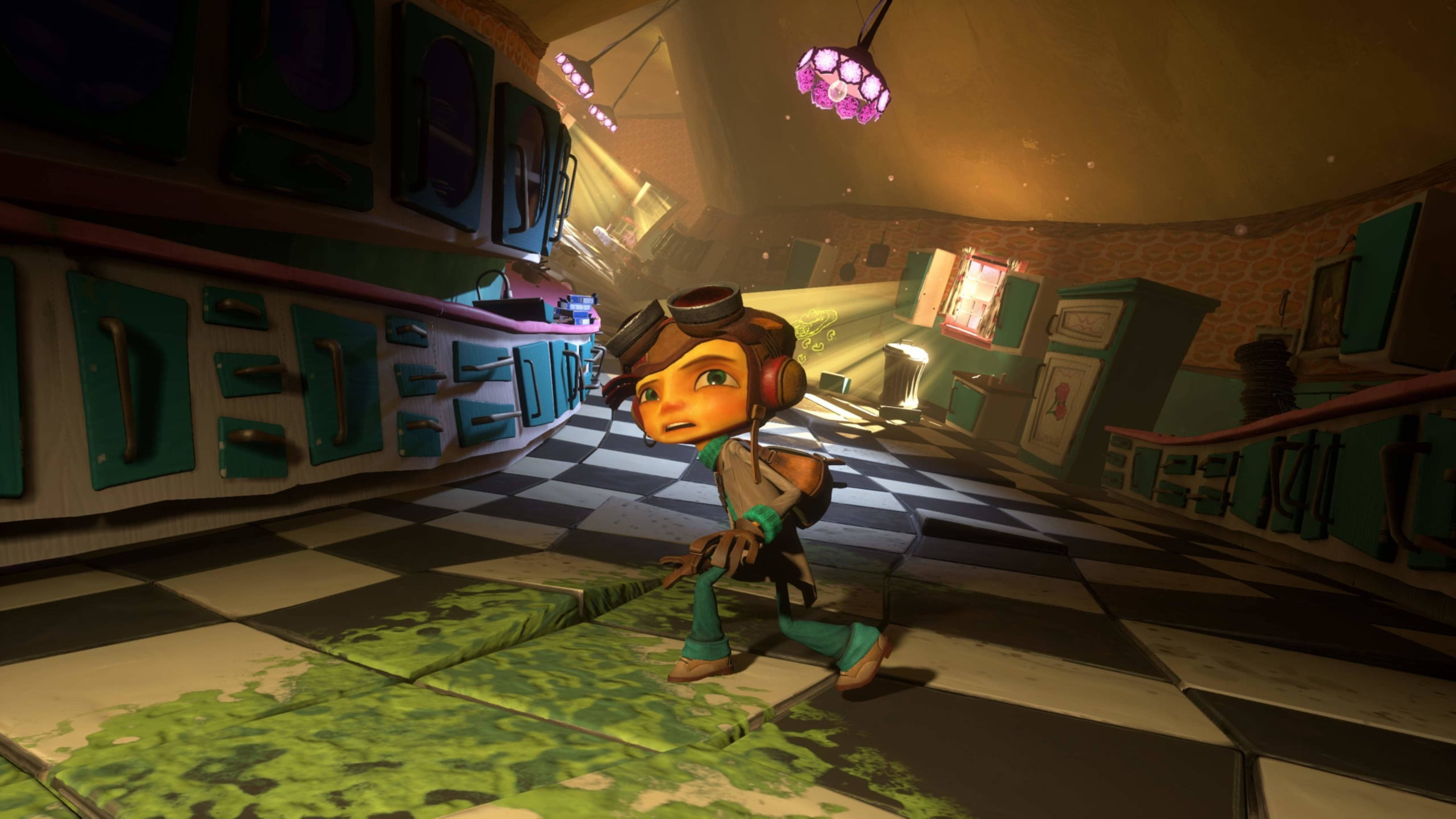 Psychonauts 2 Xbox 壁紙 — 一個卡通角色在一個帶有格子地板和頭頂發光紫色燈光的復古廚房裡。