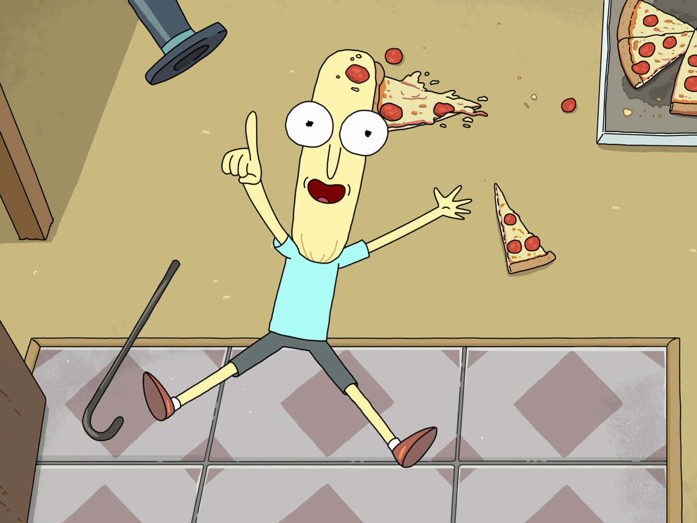 Mr Poopybutthole 桌布 壁紙 — 一個卡通角色在瓷磚廚房裡快樂地跳躍，周圍有飛舞的薄餅片。
