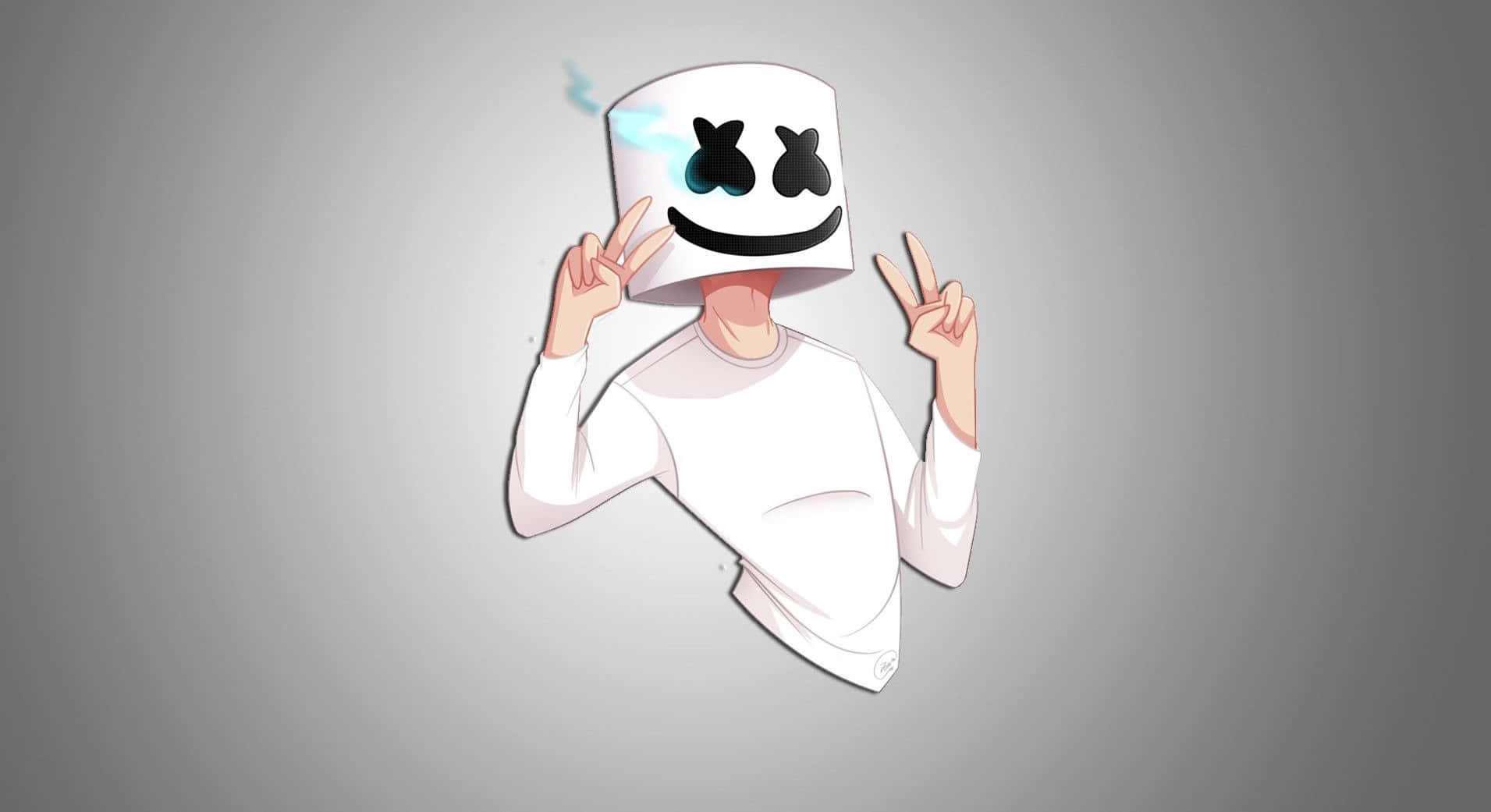 Marshmello 桌布 壁紙 — 一個卡通角色戴著白色棉花糖頭盔，有X形眼睛和微笑，在灰色漸變背景上做出和平手勢。