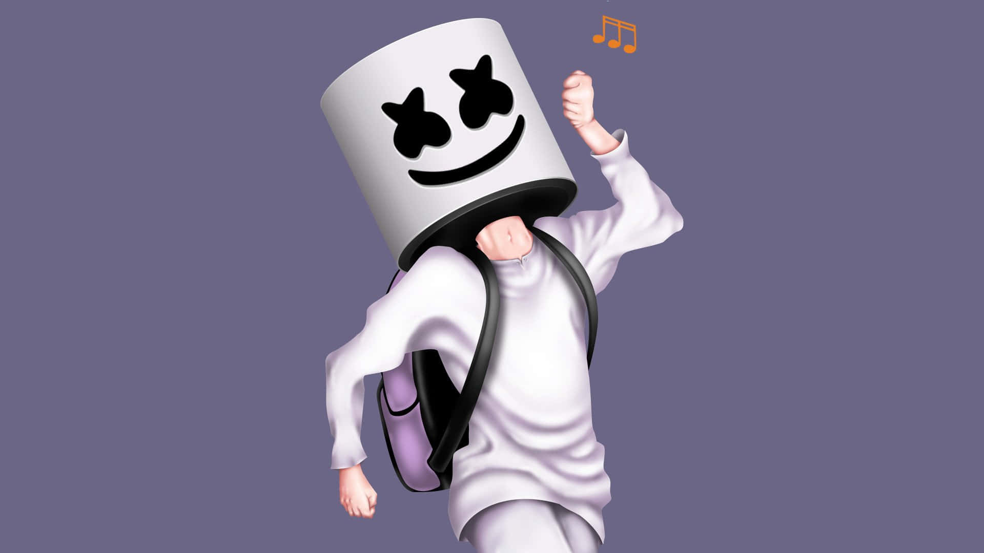 Marshmello 桌布 壁紙 — 一個卡通角色戴著白色棉花糖頭盔，有星星眼睛和笑容，在純紫色背景前快樂地跳舞。