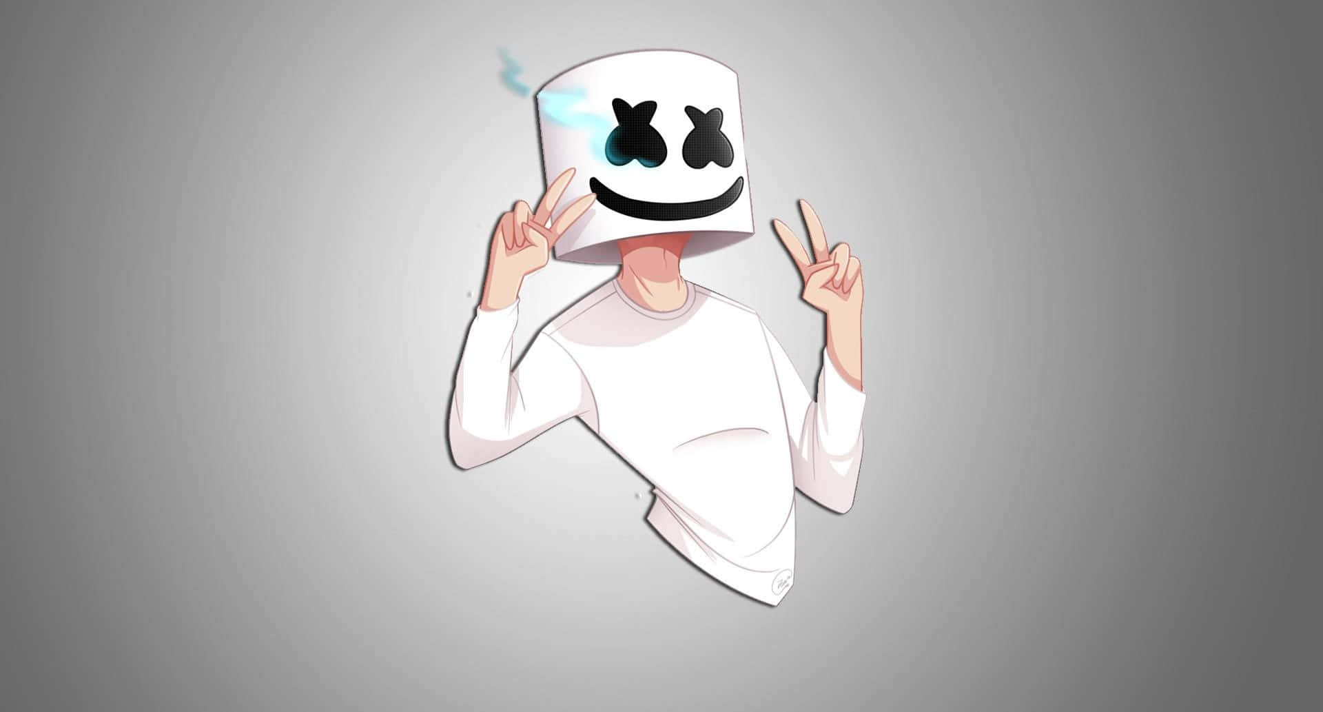 Marshmello 桌布 壁紙 — 一個卡通角色戴著白色棉花糖頭盔，有X形眼睛和微笑，在灰色背景上做出和平手勢。
