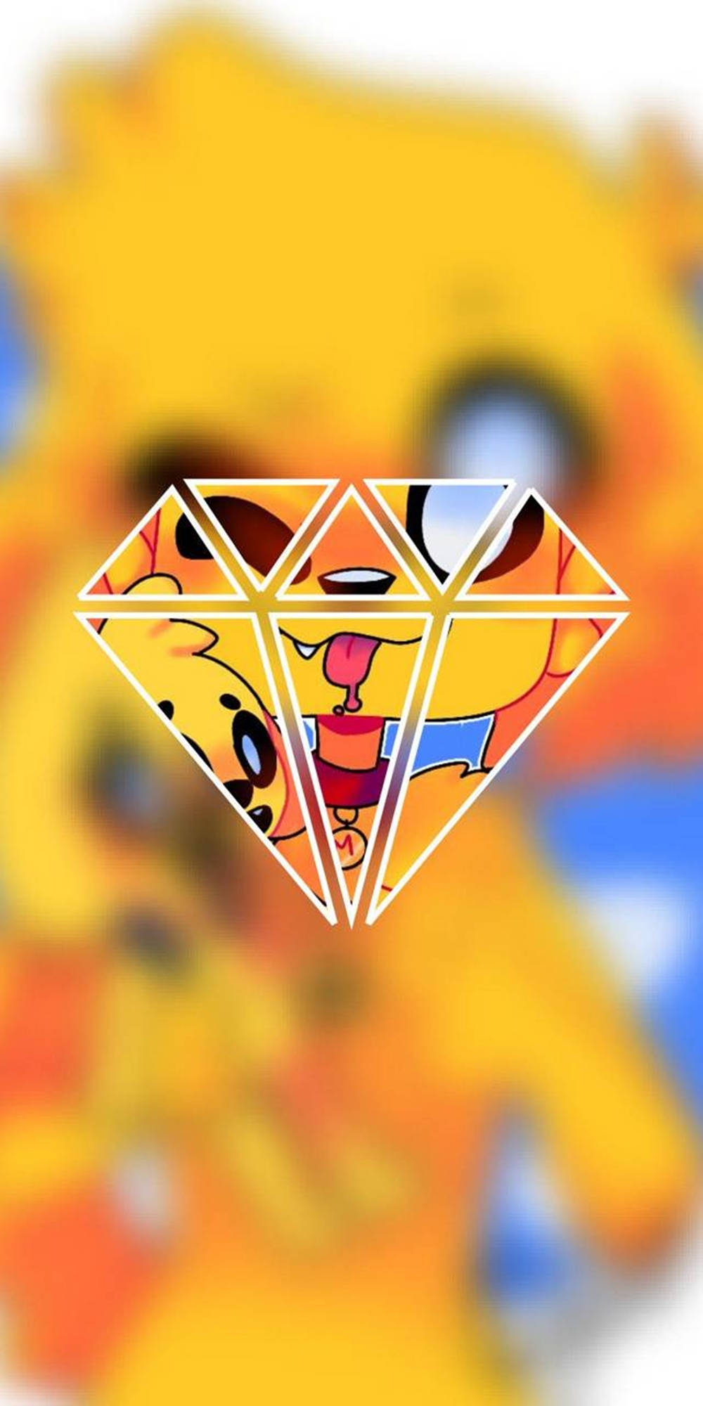 鑽石動態圖 桌布 壁紙 — 一個卡通角色的臉部在模糊的黃色背景上，碎裂在鑽石輪廓內。