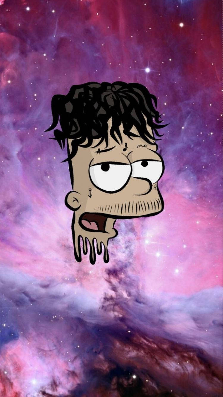 巴特·辛普森 桌布 壁紙 — 一個卡通角色頭部漂浮在充滿星星的鮮豔紫色和粉紅色宇宙星雲中。