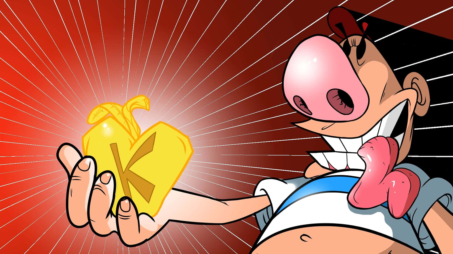 the grim adventures of billy and mandy 桌布 壁紙 — 一個卡通豬角色愉快地拿著一個發光的金色袋子，上面標有K，背景是紅色放射狀。