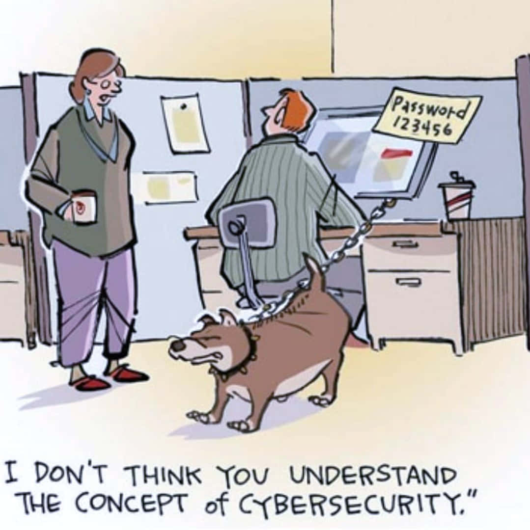 Cybersecurity Memes 桌布 壁紙 — 一個卡通辦公室場景，一隻狗被鏈條拴在工人的椅子上，而另一個人拿著咖啡杯。