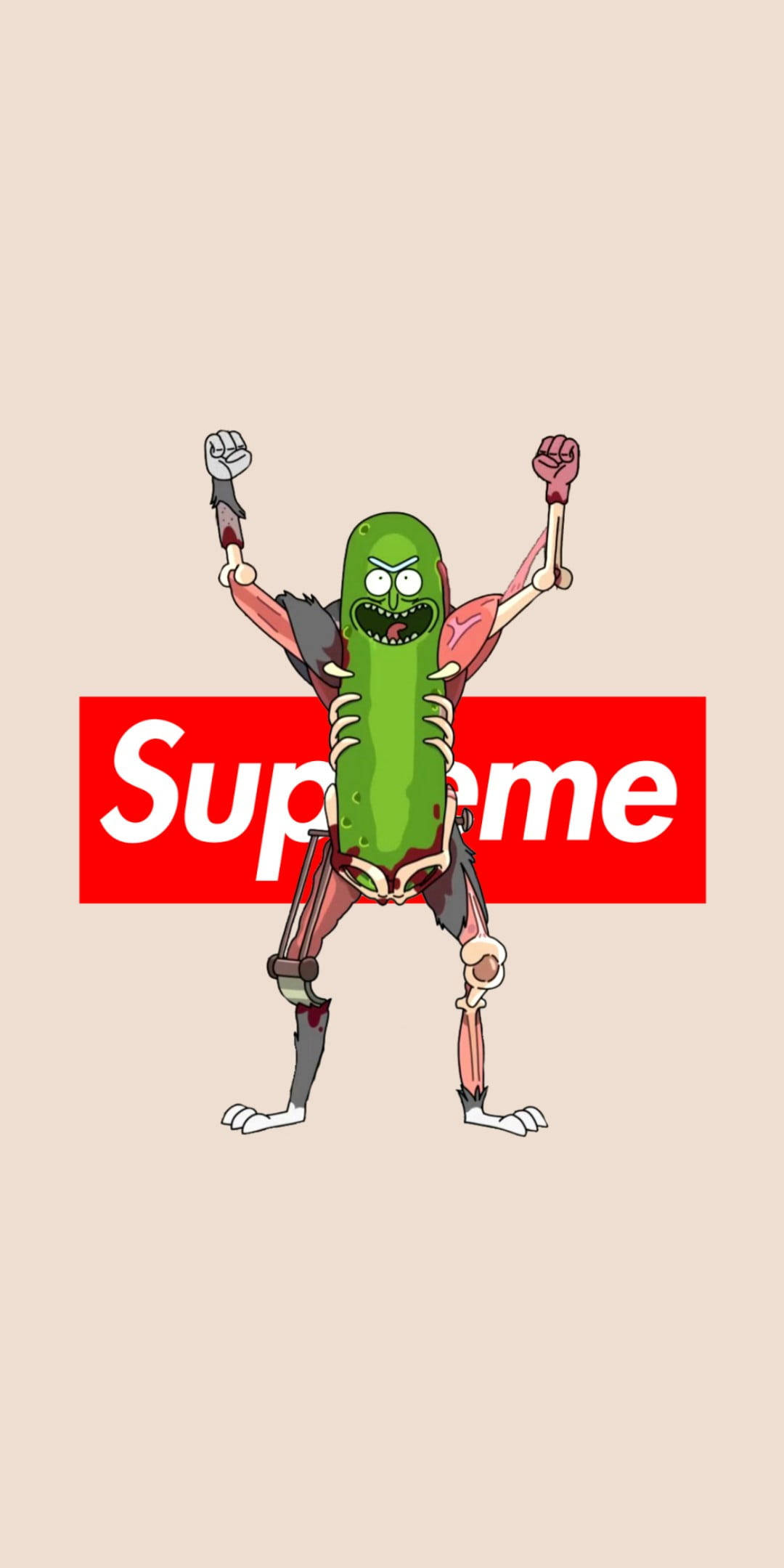 Supreme Pickle Rick 壁紙 — 一個卡通醃青瓜露出肌肉並舉起拳頭，站在米色背景上的紅色Supreme標誌後面。
