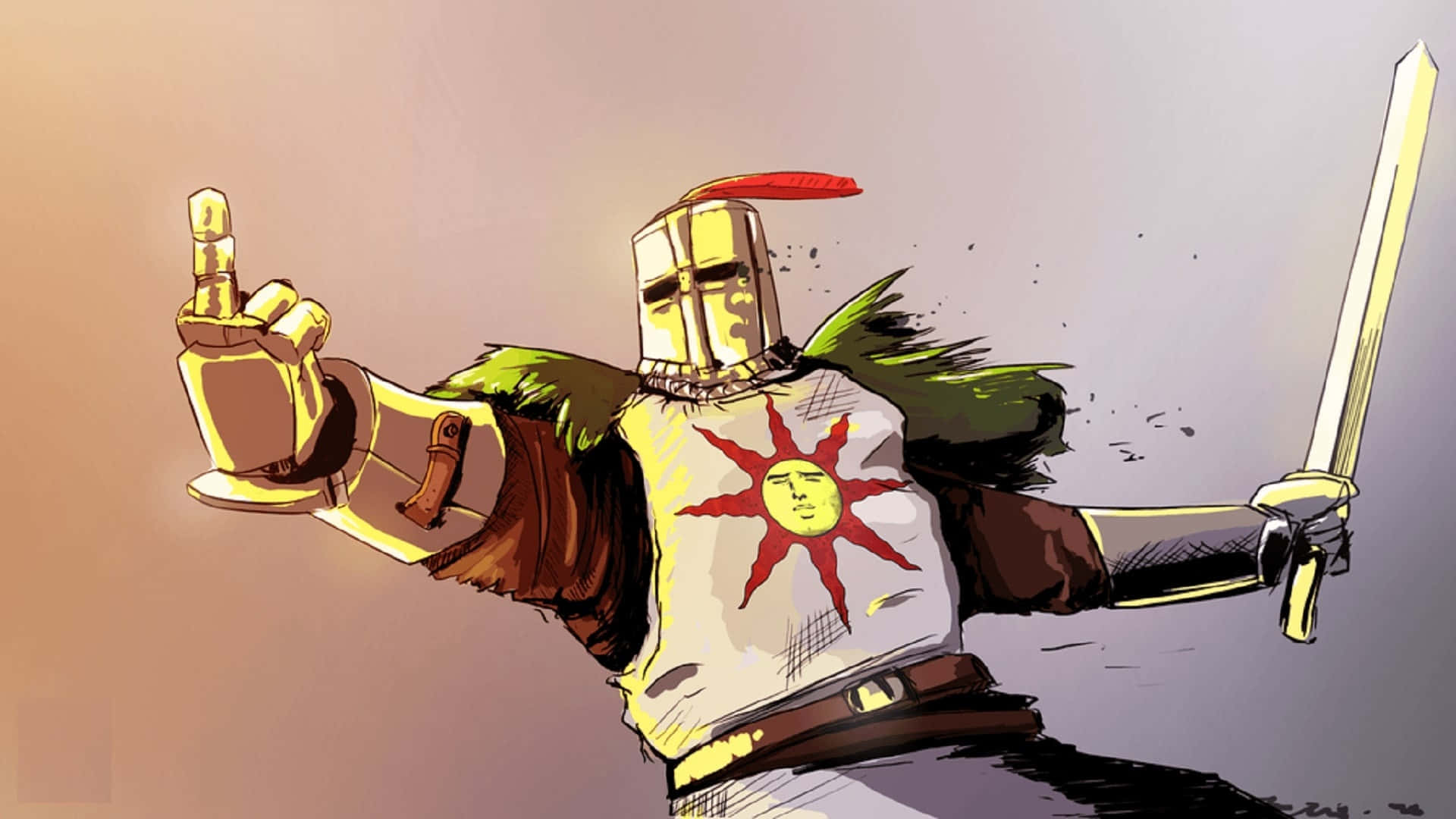 Solaire Of Astora 桌布 壁紙 — 一個卡通金色盔甲騎士揮舞著劍，並在漸變背景前豎起中指。