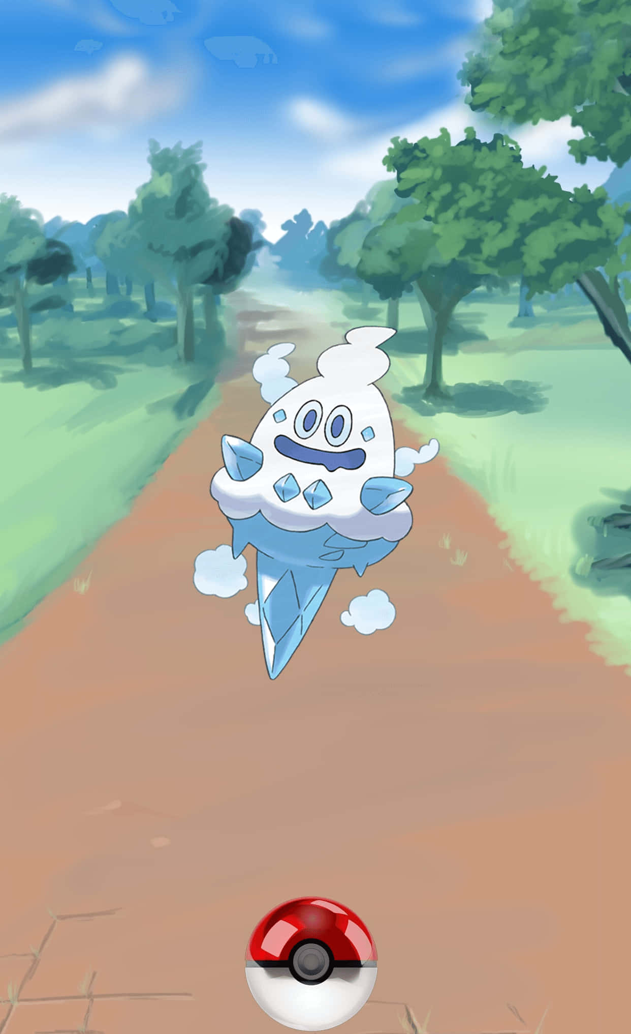 Pokemon 桌布 壁紙 — 一個卡通雪糕筒小精靈在陽光明媚的森林中沿著泥路飄浮，底部有一個精靈球。