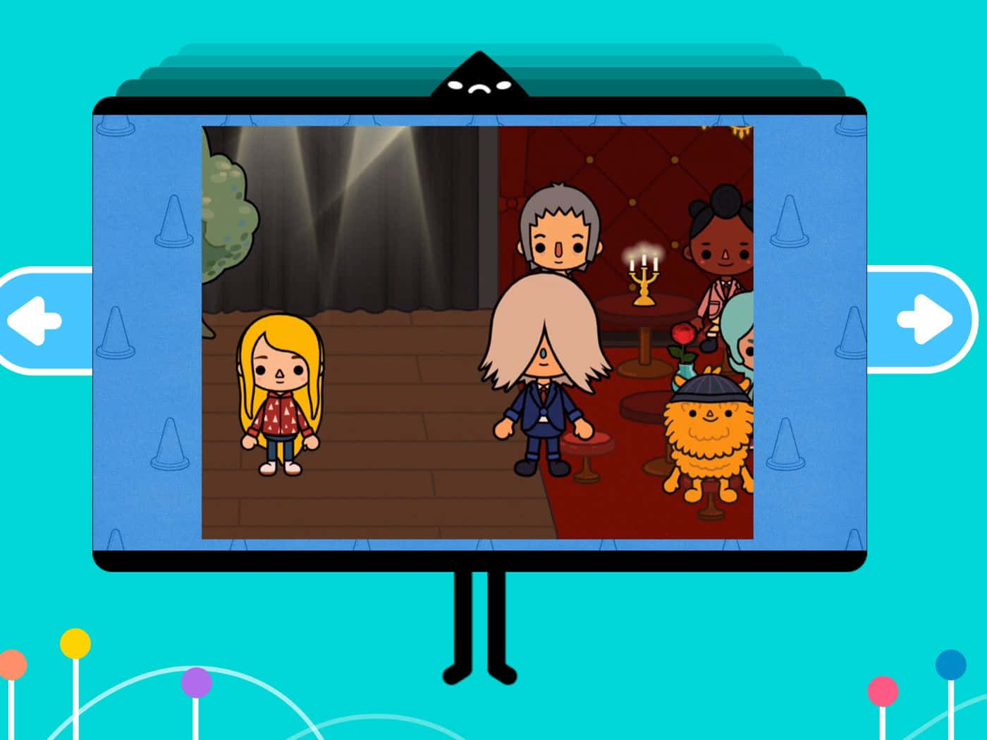 toca boca 桌布 壁紙 — 一個卡通電視屏幕顯示一組風格化的角色在一個光線昏暗的房間裡，房間裡有燭台和窗簾。