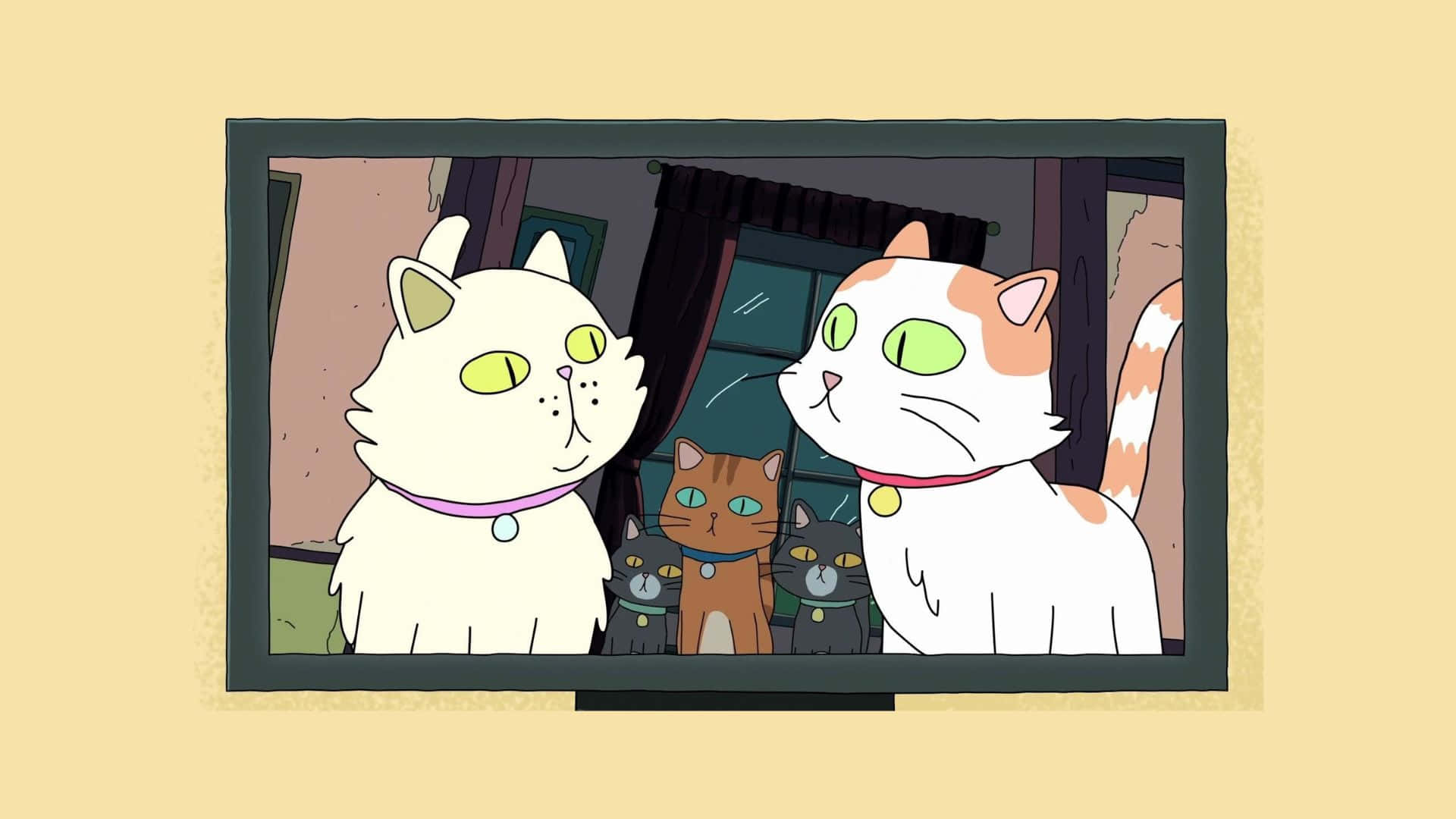 Schrodinger's Cat 桌布 壁紙 — 一個卡通電視屏幕顯示四隻貓咪，眼睛發光，在昏暗的房間裡直視前方。