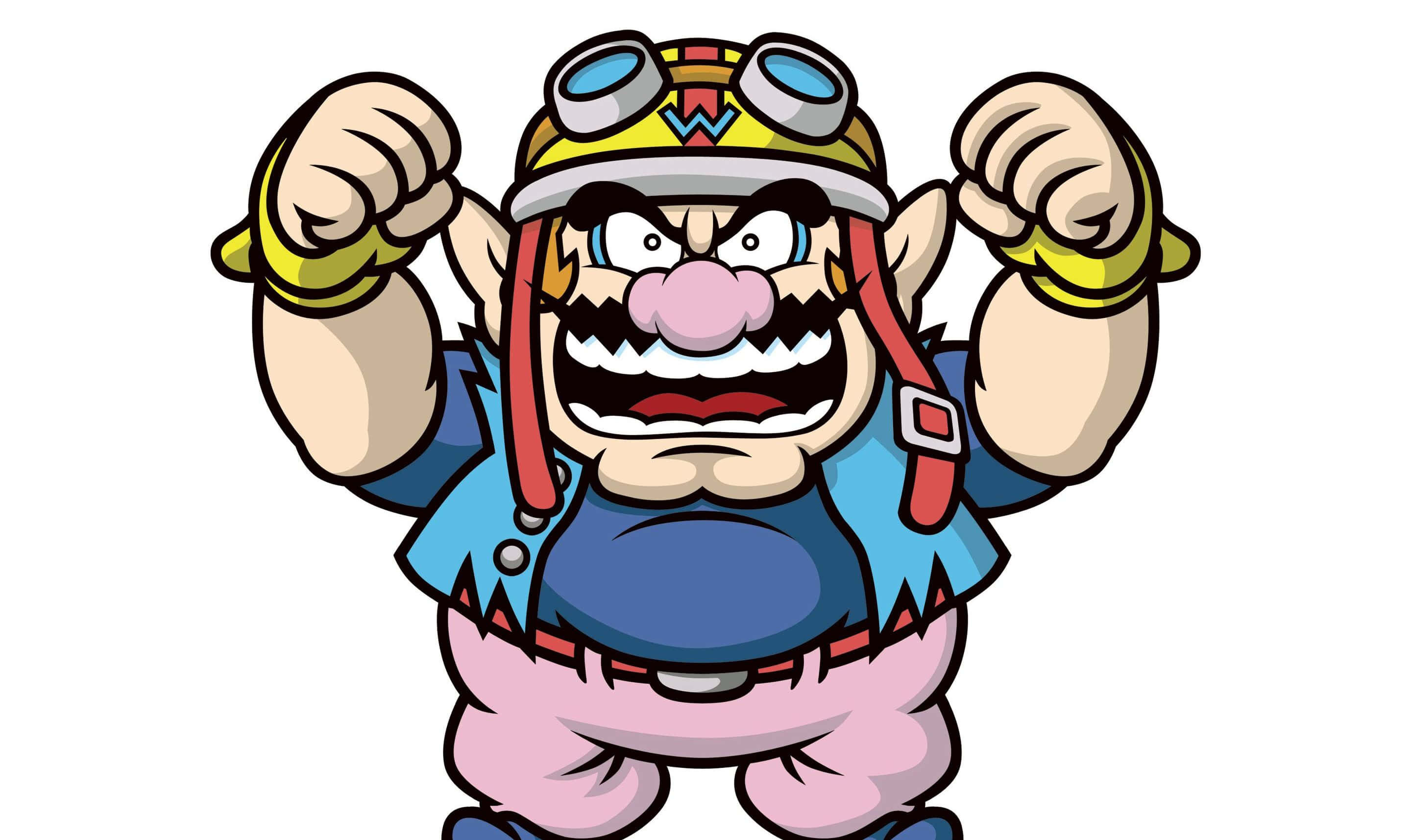 wario 桌布 壁紙 — 一個卡通風格、憤怒的水管工，戴著護目鏡，握緊拳頭擺出兇猛姿勢。