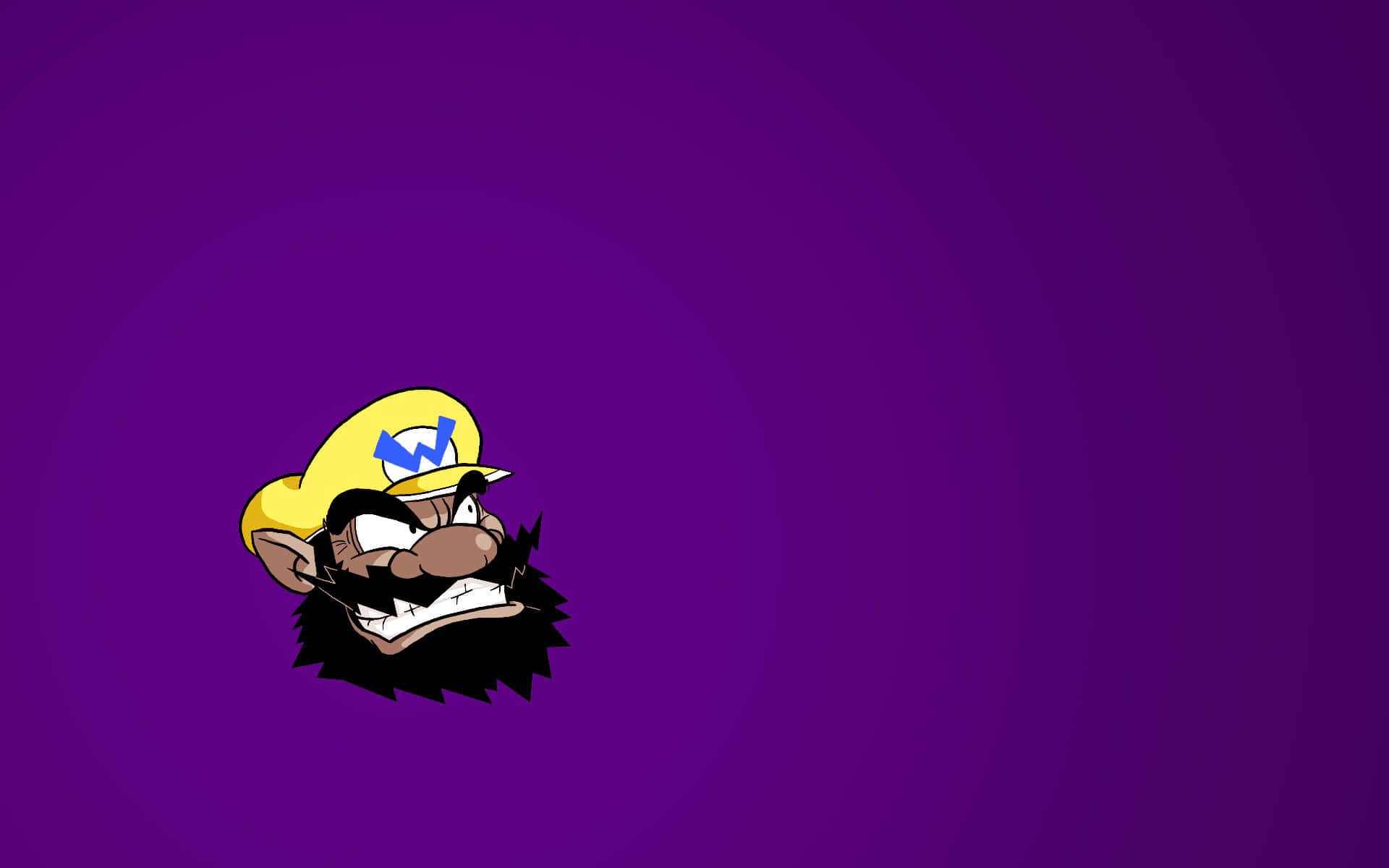 wario 桌布 壁紙 — 一個卡通風格、憤怒的瓦路易吉頭像，戴著黃色帽子，留著黑色鬍子，背景為紫色漸變。
