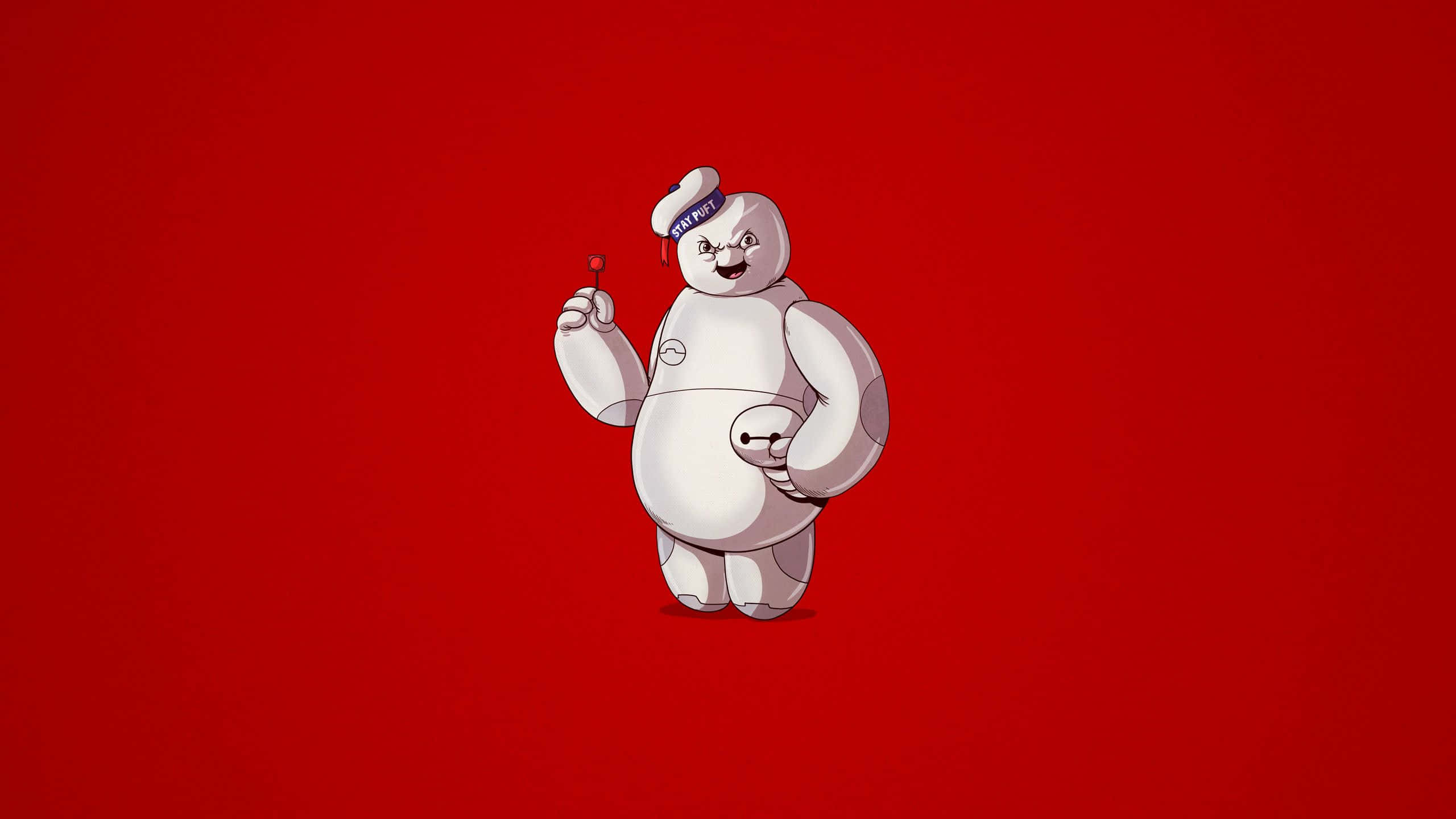 Ghostbusters 桌布 壁紙 — 一個卡通風格、戴紅帽、揹質子背包的白色捉鬼敢死隊吉祥物，站在純紅色背景前。