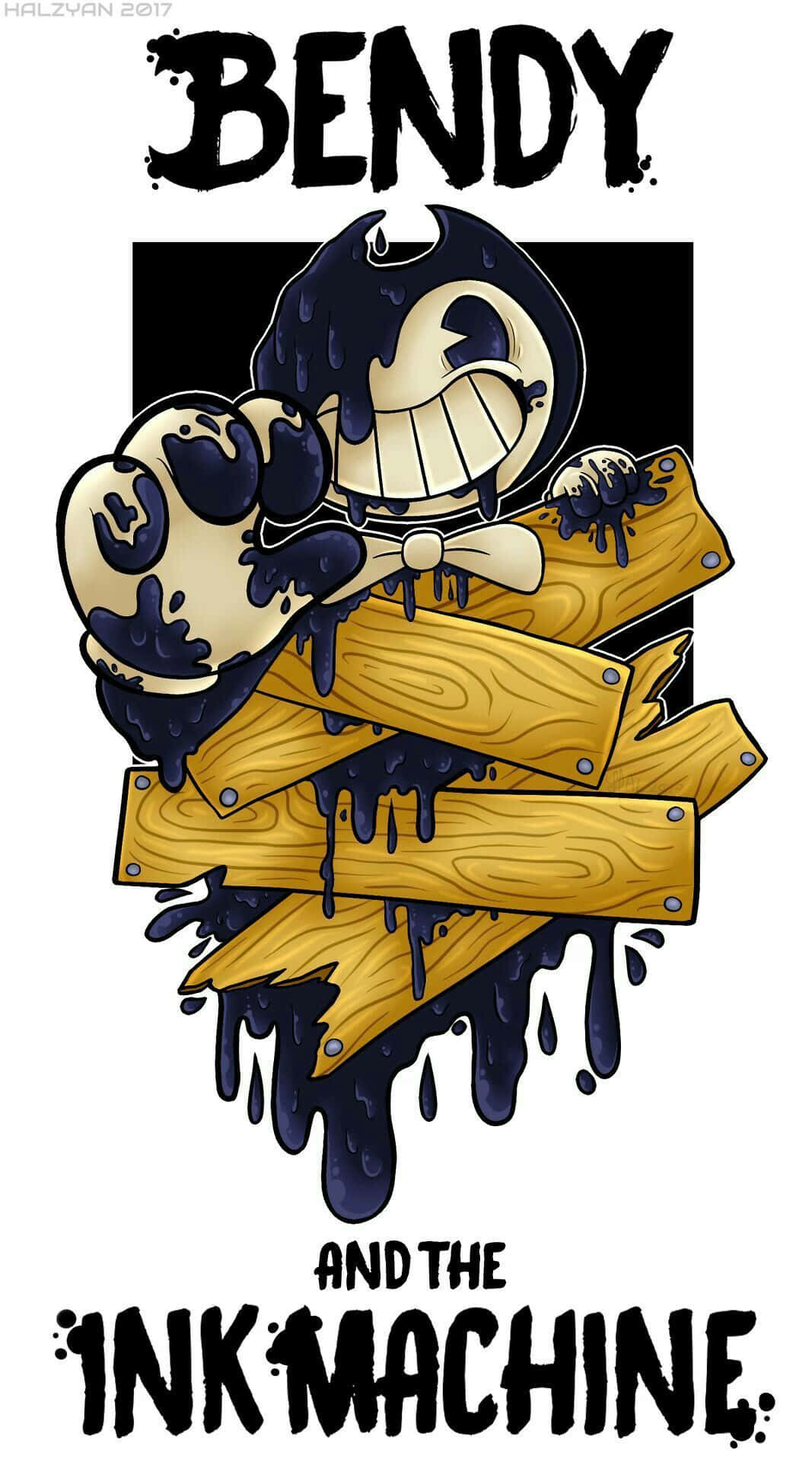 Bendy 桌布 壁紙 — 一個卡通風格、滿身墨水的角色咧嘴大笑，緊握著木板，深色墨水在純黑背景上滴落。