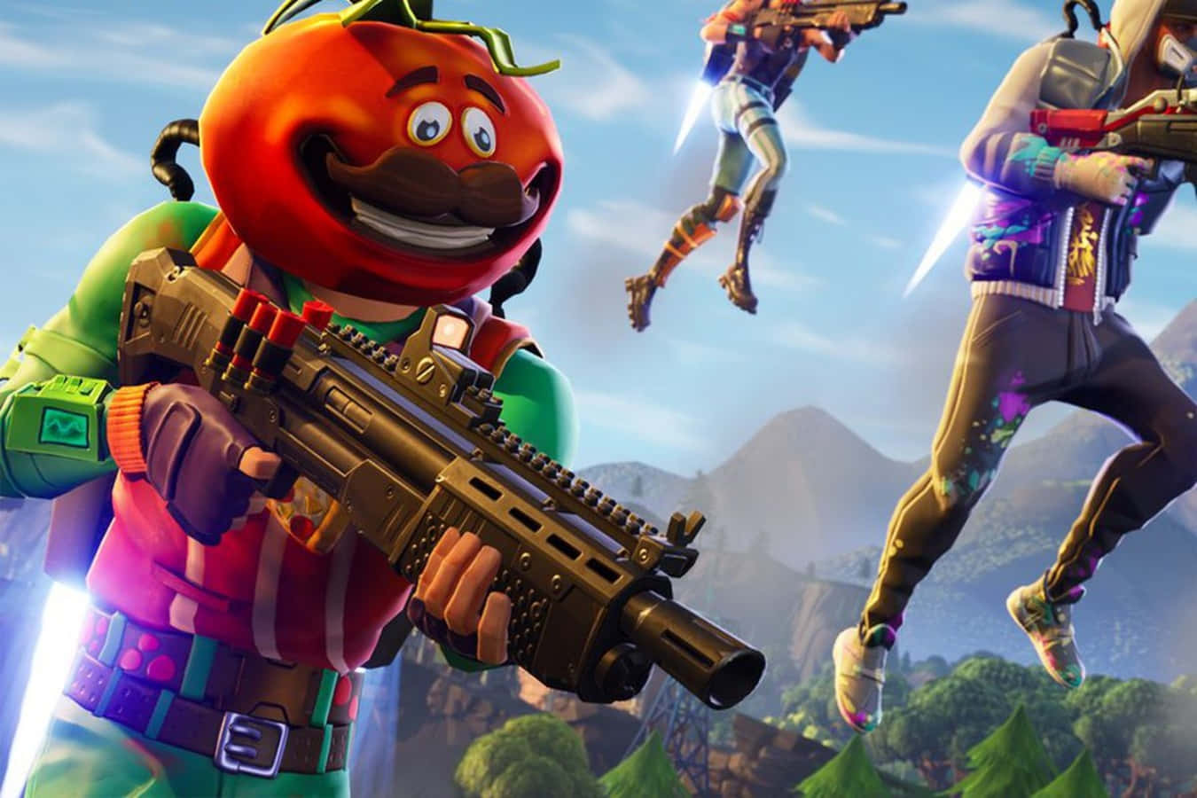 Fortnite Skins Battle Royale 桌布 壁紙 — 一個卡通風格、番茄頭、留鬍子的角色揮舞步槍，另外兩名玩家在連綿山脈景觀上空翱翔。