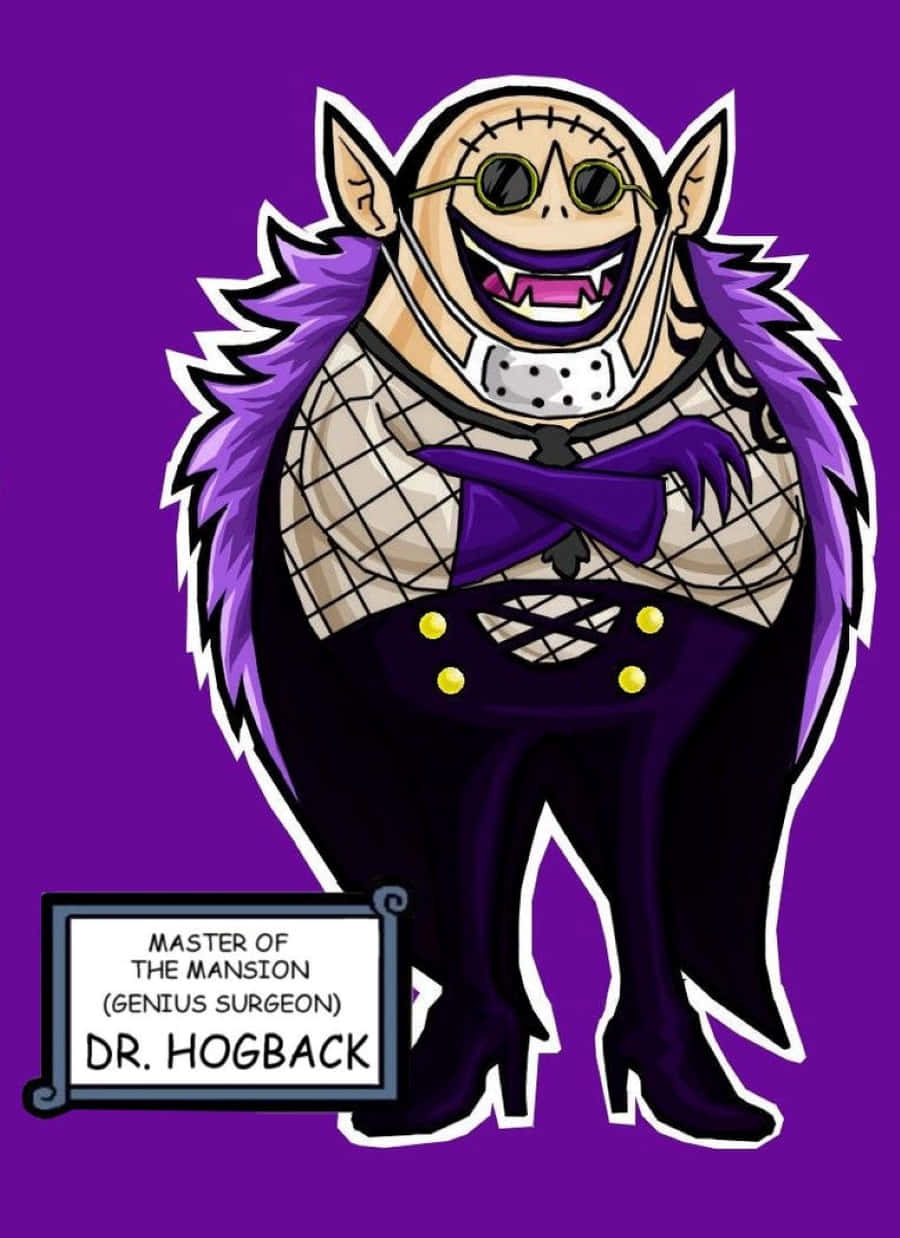 Doctor Hogback 桌布 壁紙 — 一個卡通風格、臉上縫線、穿著紫色毛領和領結的醫生，站在純紫色背景前。