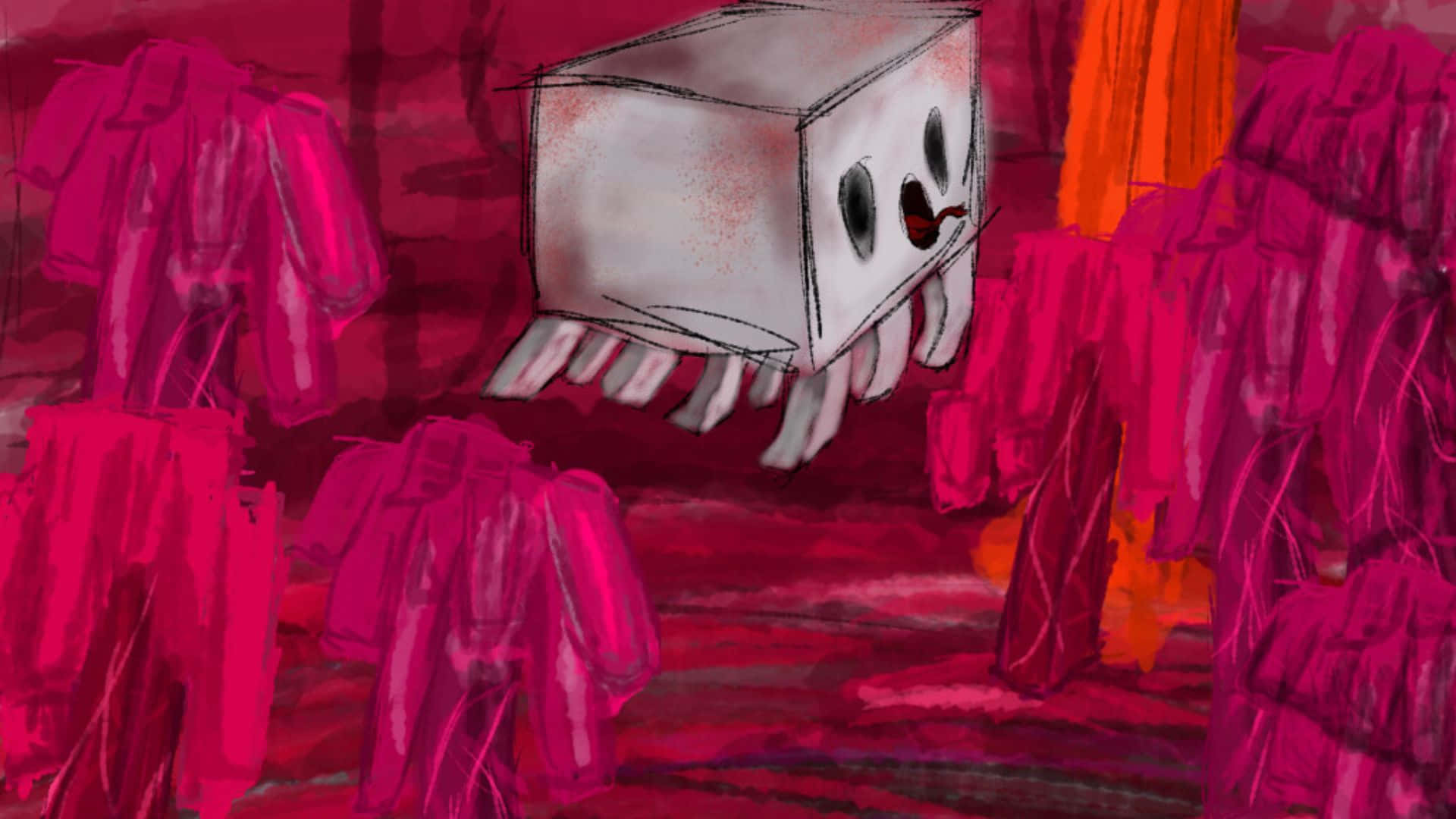 Minecraft Ghast 桌布 壁紙 — 一個卡通風格嘅盒狀生物，有凸眼同觸手，漂浮喺抽象洋紅色形態之中，構成超現實數碼畫作。